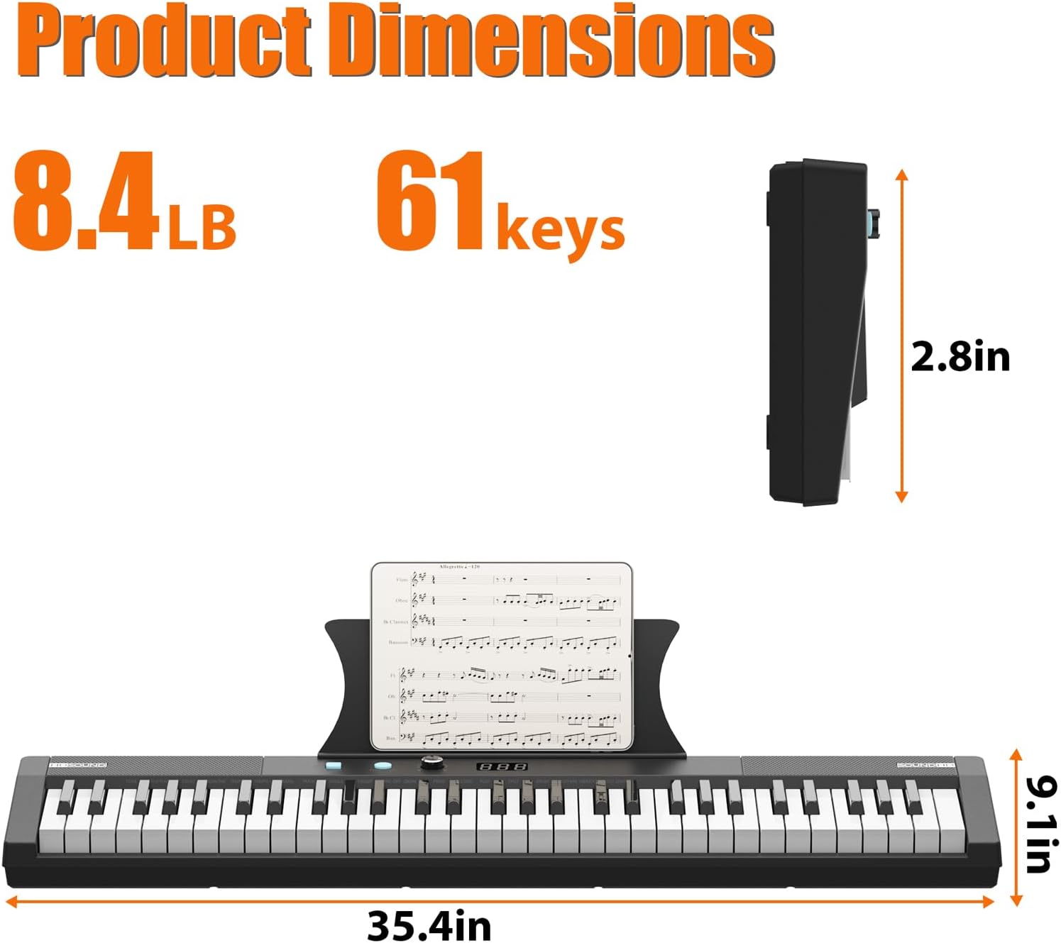 Product Dimensions  
8.4 LB  
61 keys  
2.8in  
35.4in  
9.1in