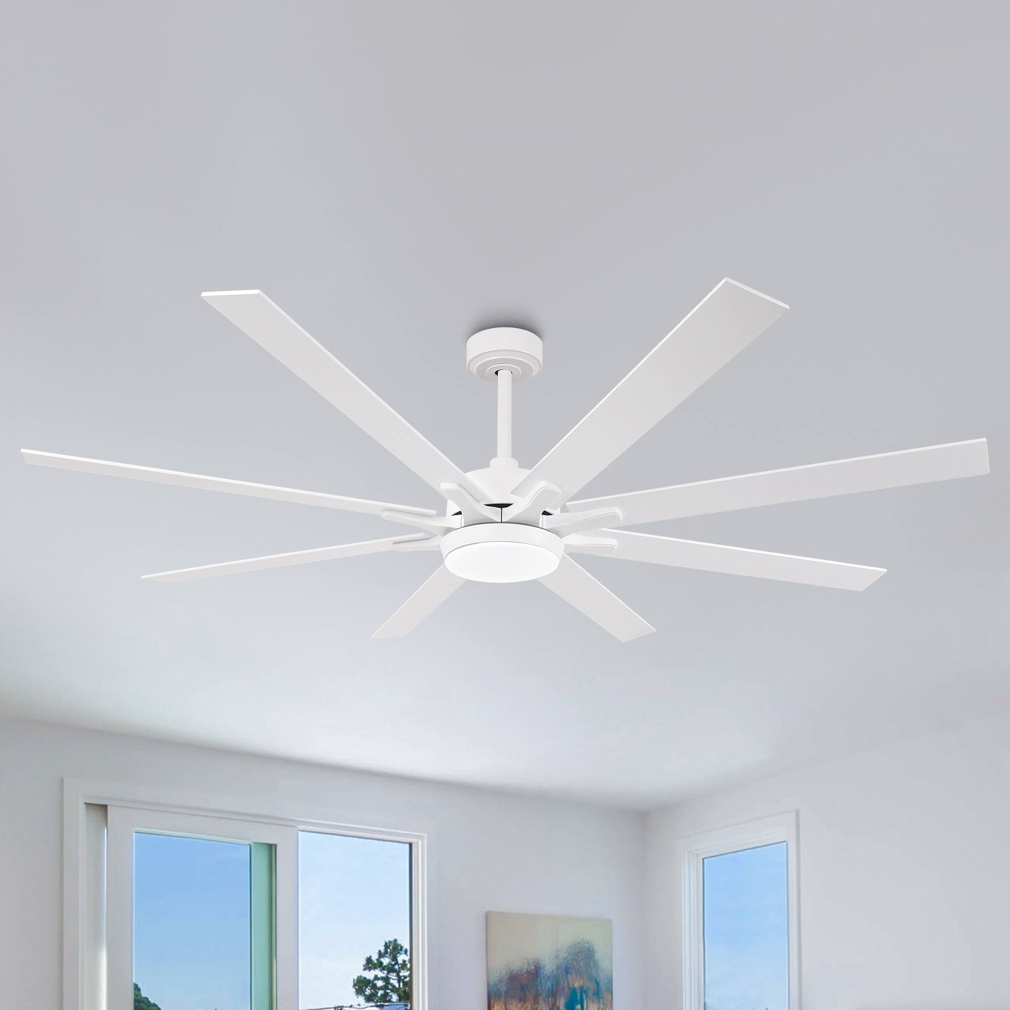 Back. Parrot Uncle - 65-Inch Modern Reversible Dimmable Large Ceiling Fan with Light and Remote - White.