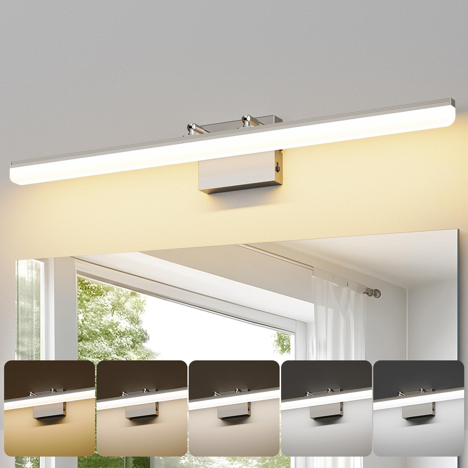 Left. Cedar Assembly - Brushed Nickel Vanity Light w Led Dimmable Bathroom Bar With Adjustable Angle cct Modern Long Wall Fixt - Black 24 Inch Long.