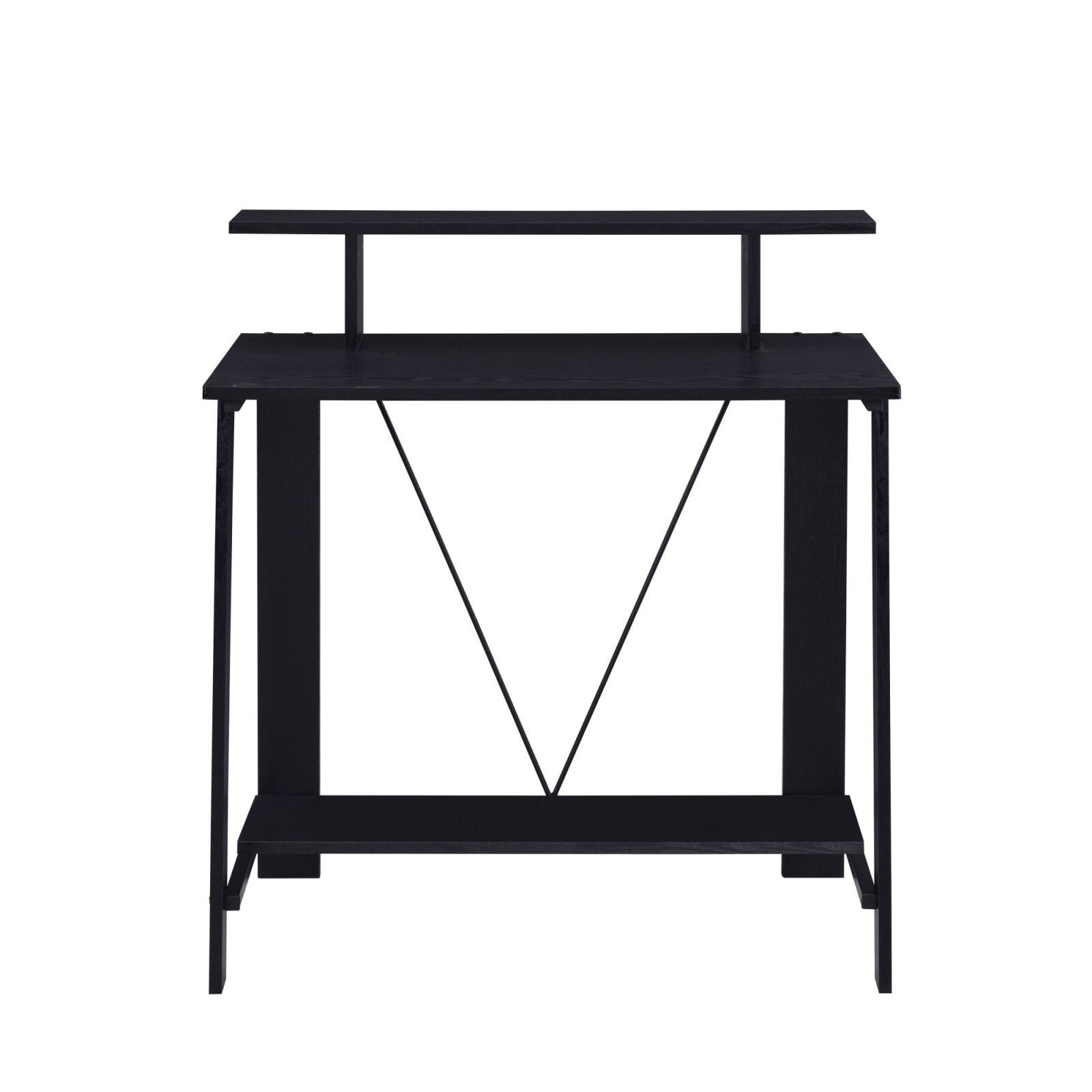 Alt View 7. Glintex - Rectangular Writing Desk with Top and Bottom Storage Shelves, Sturdy 15mm Panels and Metal V-Back Support - Black.