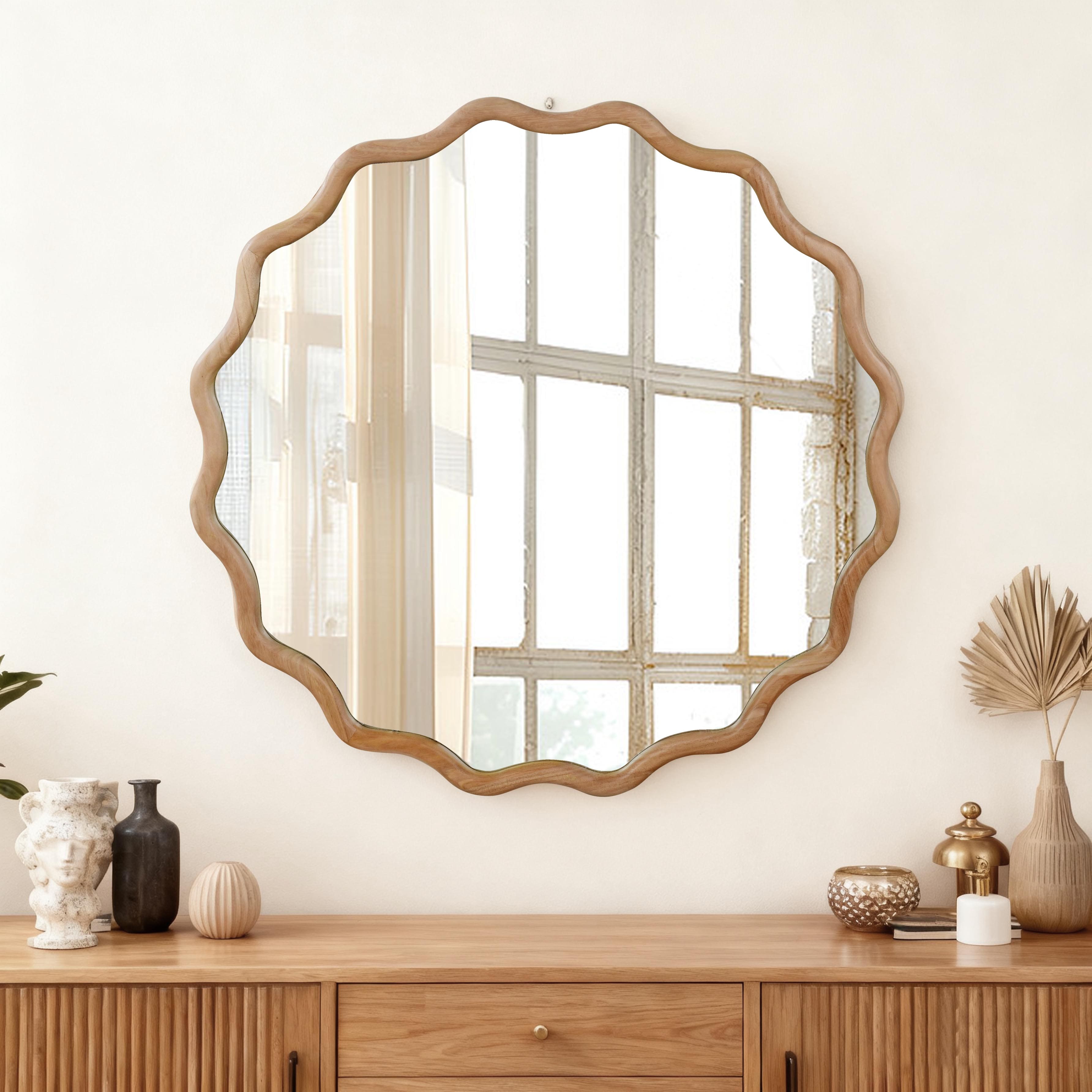 Z-Edge - Round Wavy Wall Mirror, 30" Circle Boho Scalloped Mirror for Bedroom, Bathroom, Living Room, Entryway - Natural