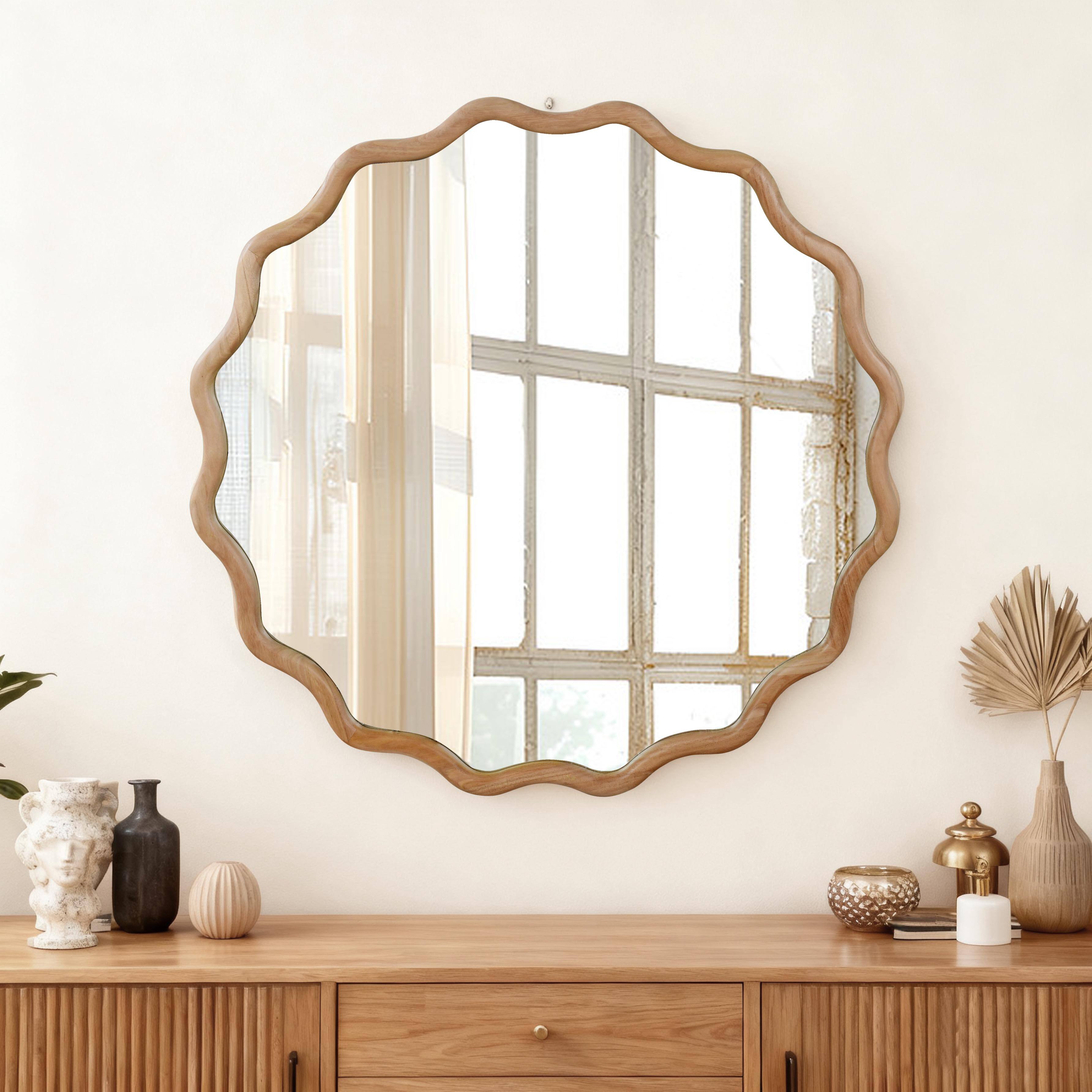 Front. Z-Edge - Round Wavy Wall Mirror, 30" Circle Boho Scalloped Mirror for Bedroom, Bathroom, Living Room, Entryway - Natural.