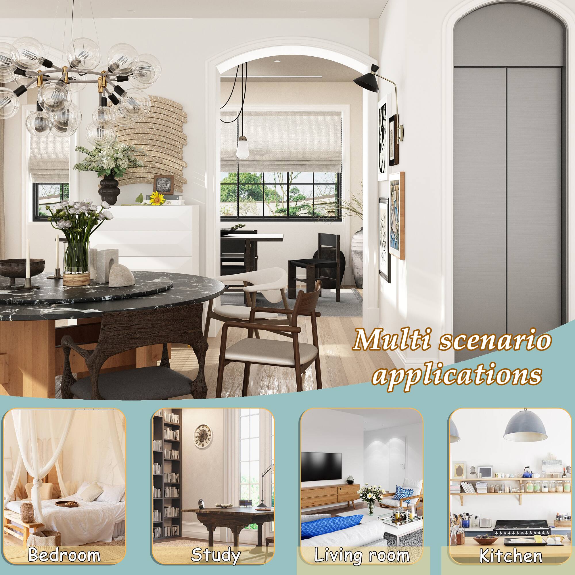 Multi scenario applications - Bedroom, Study, Living room, Kitchen.