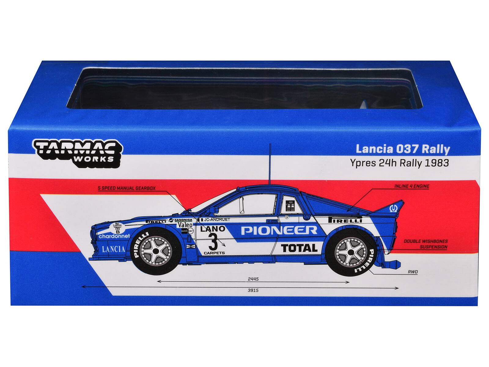 Tarmac Works Lancia 037 Rally Ypres 24h Rally 1983  
5 Speed Manual Gearbox  
Inline 4 Engine  
Adon L  
B Chardonnet  
La Lancia  
Pirelli  
Danomida  
JC-Andruet  
Valeo  
Lano  
Pioneer 3  
Total Carpets  
Pirelli 2445 3915  
Double Wishbones Suspension  
RWD