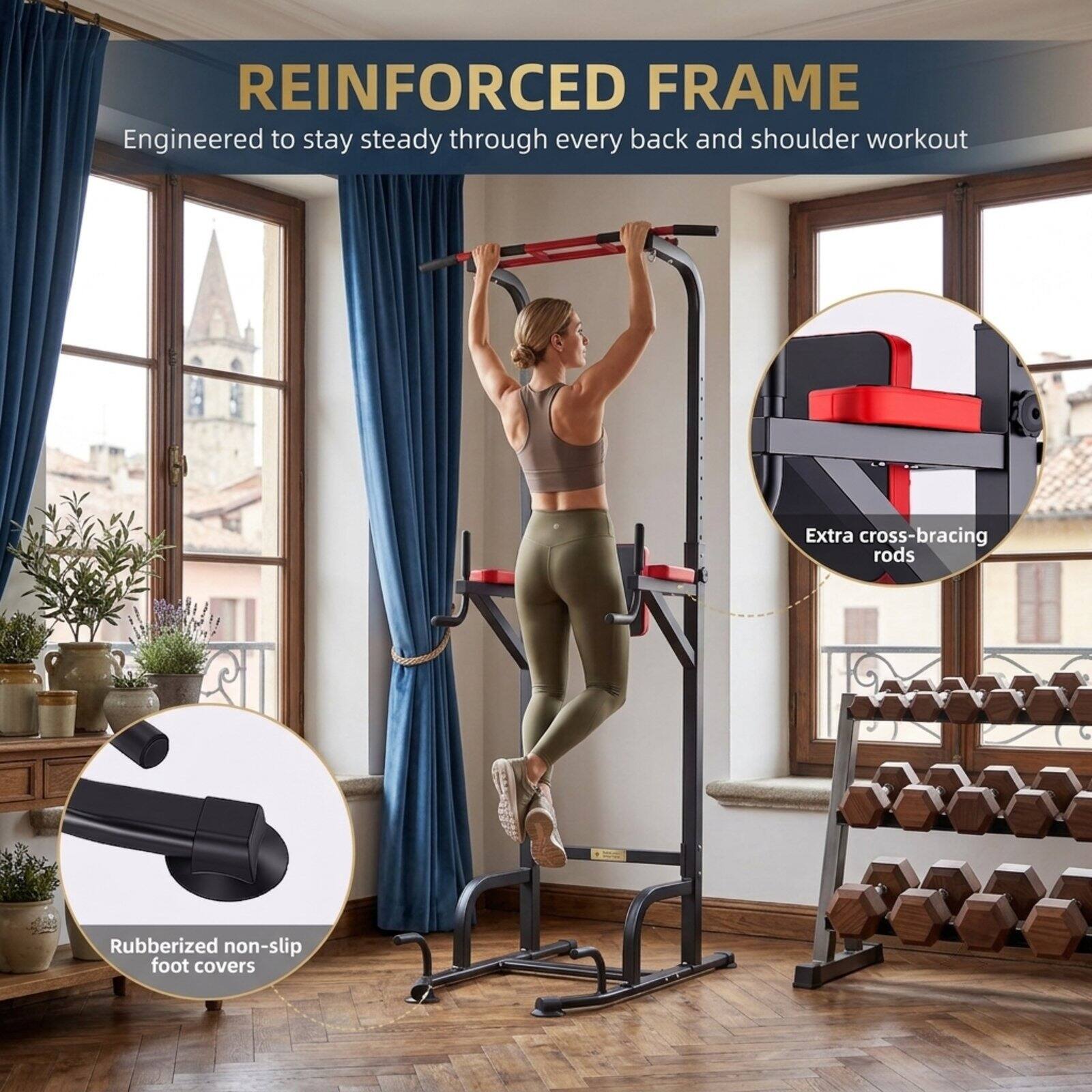 REINFORCED FRAME  
Engineered to stay steady through every back and shoulder workout  

Extra cross-bracing rods  

Rubberized non-slip foot covers