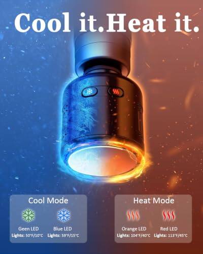 Cool it. Heat it.

Cool Mode
- Geen LED: Lights: 50°F/10°C
- Blue LED: Lights: 59°F/15°C

Heat Mode
- Orange LED: Lights: 104°F/40°C
- Red LED: Lights: 113°F/45°C