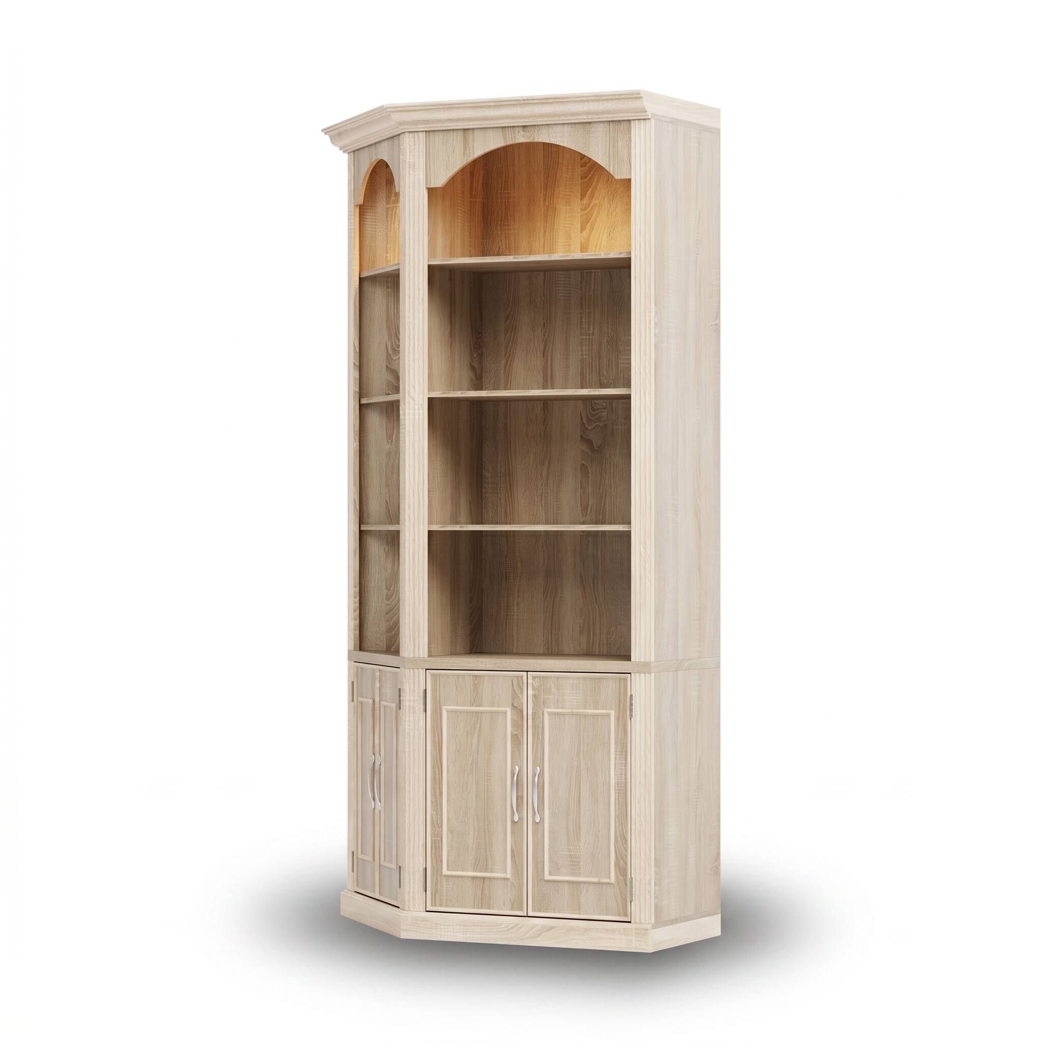 Alt View 8. FUFU & GAGA - Arched Display Cabinet with LED Lights, Illuminated Tall Bookcase for Living Room, Storage Cabinet with Doors & Shelves - Light Oak.