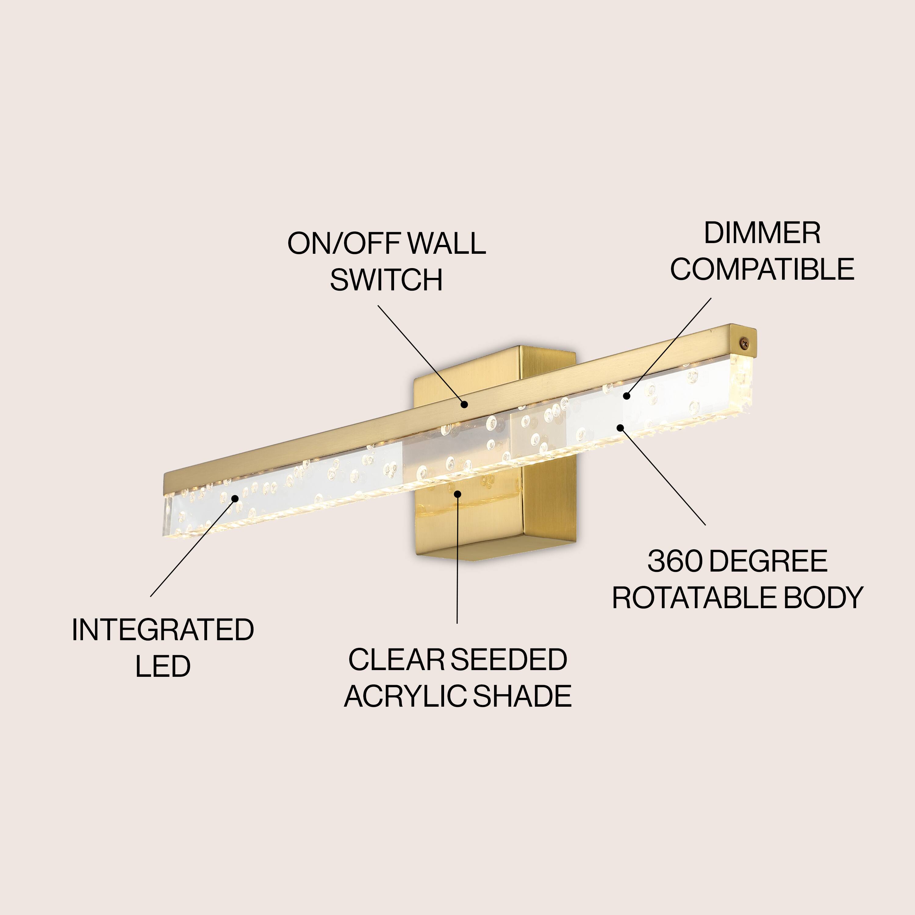 ON/OFF WALL SWITCH DIMMER COMPATIBLE 360 DEGREE ROTATABLE BODY INTEGRATED LED CLEAR SEEDED ACRYLIC SHADE