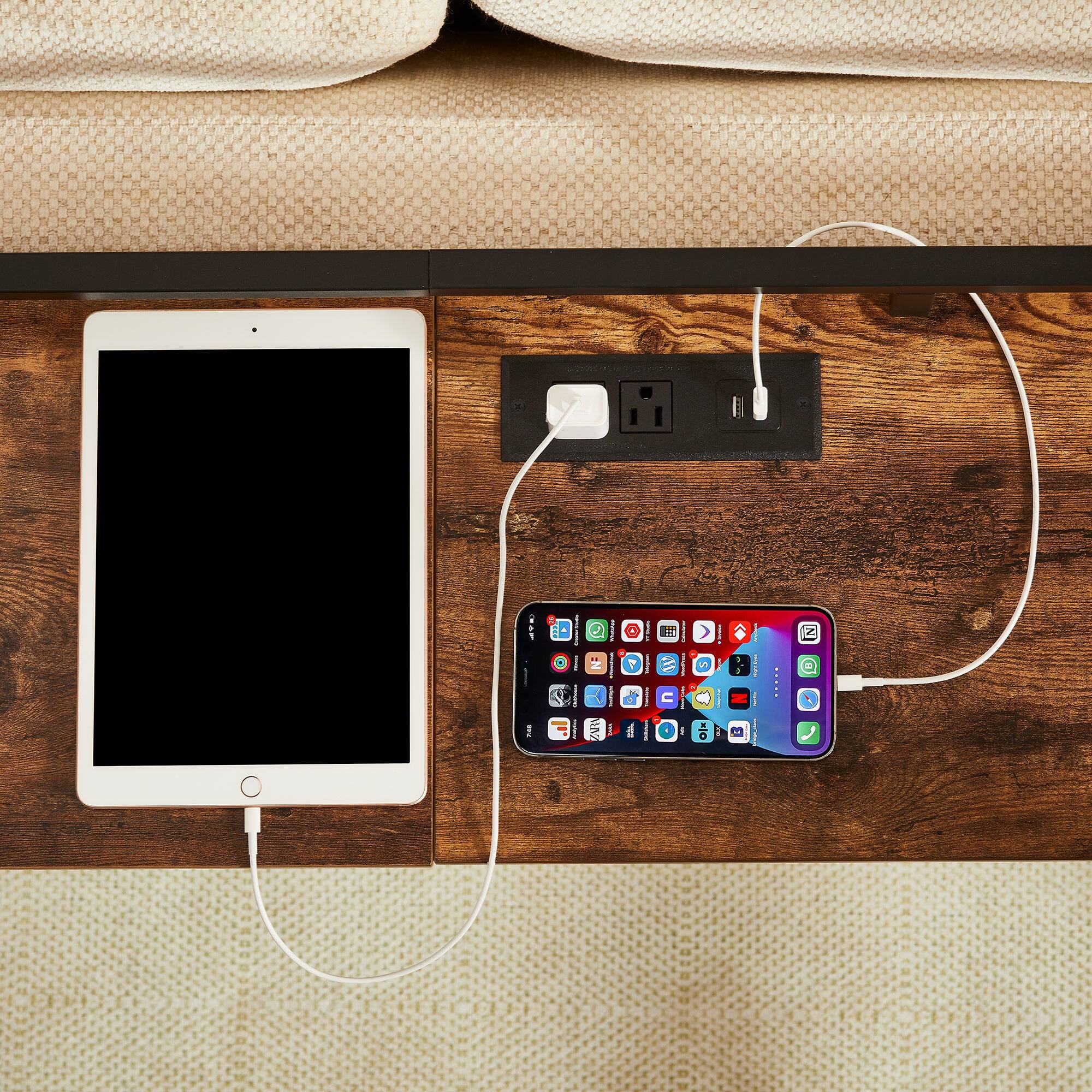 Back. Vecelo - Console Table 71”, Industrial Entryway Table With charging socket, Narrow Entrance Sofa Table with Shelves - Brown.