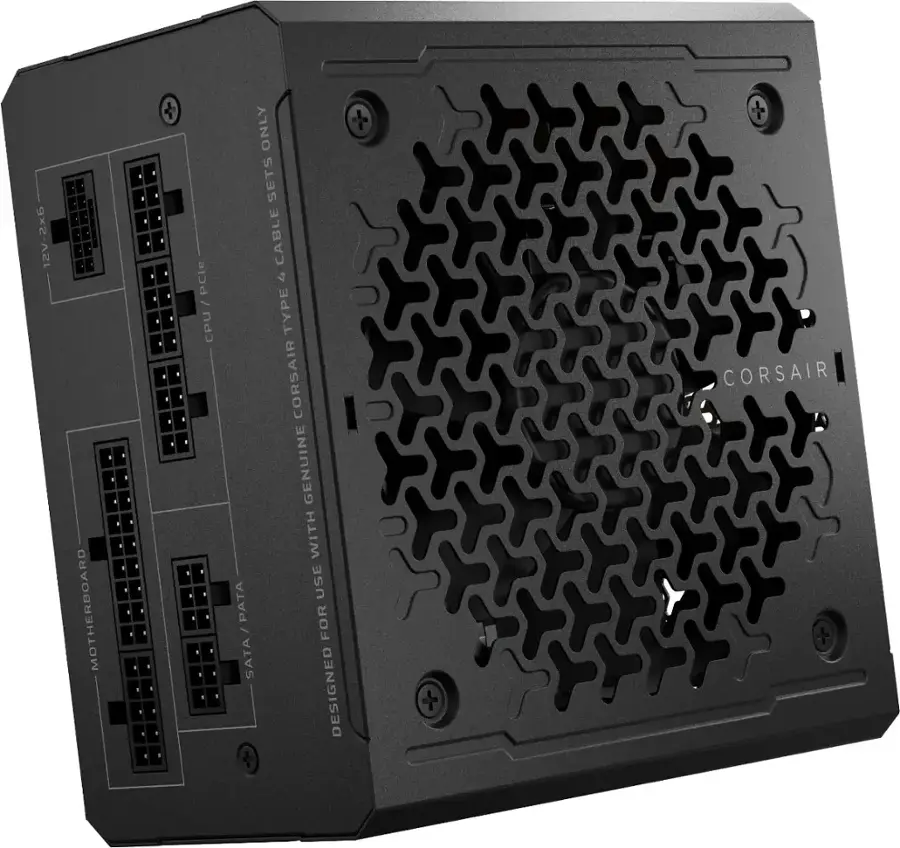 The image shows a black box with a Corsair logo on it. The box is designed to hold a motherboard, CPU, and cables. It is a genuine Corsair product and is designed to use PATA for one SATA. The box is a PCle motherboard, which is compatible with a variety of devices and systems.