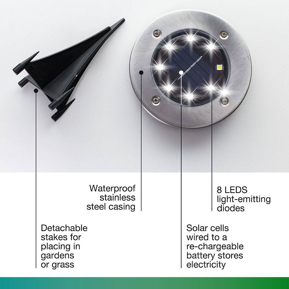 Waterproof stainless steel casing  
8 LEDs light-emitting diodes  
Detachable stakes for placing in gardens or grass  
Solar cells wired to a rechargeable battery stores electricity