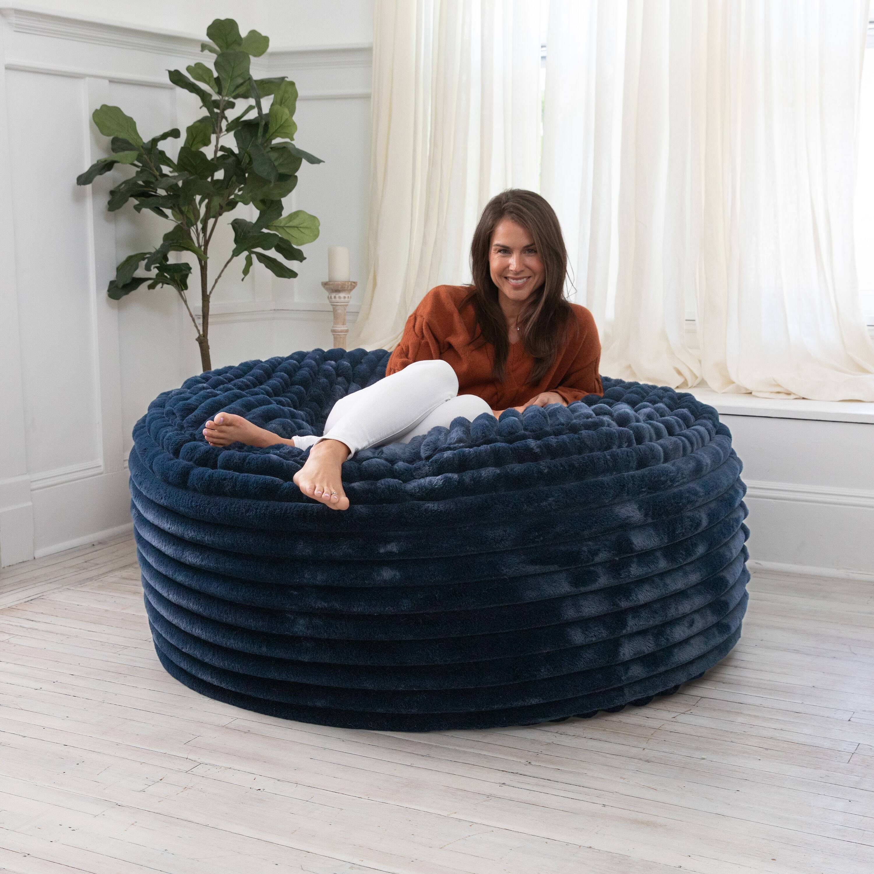 Angle. Jaxx - Jaxx 5 Foot Saxx Bean Bag Chair for Adults - Luxe Faux Fur, Mondo Midnight Blue - Mondo Midnight Blue.
