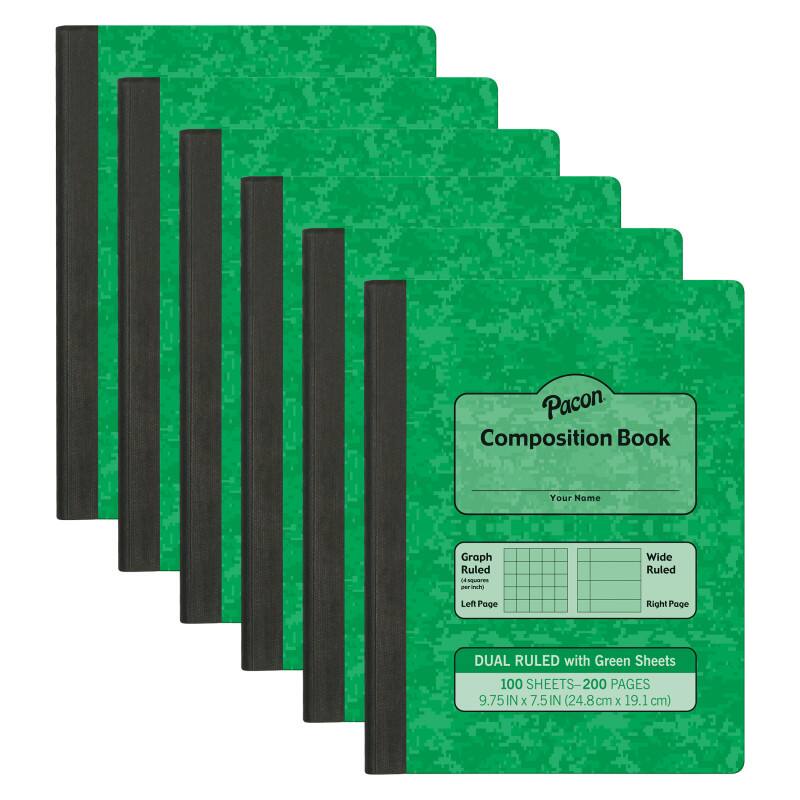 Pacon Composition Book  
Your Name  
Graph Ruled Left Page  
Wide Ruled Right Page  
DUAL RULED with Green Sheets  
100 SHEETS-200 PAGES  
9.75IN x 7.5IN (24.8cm x 19.1 cm)