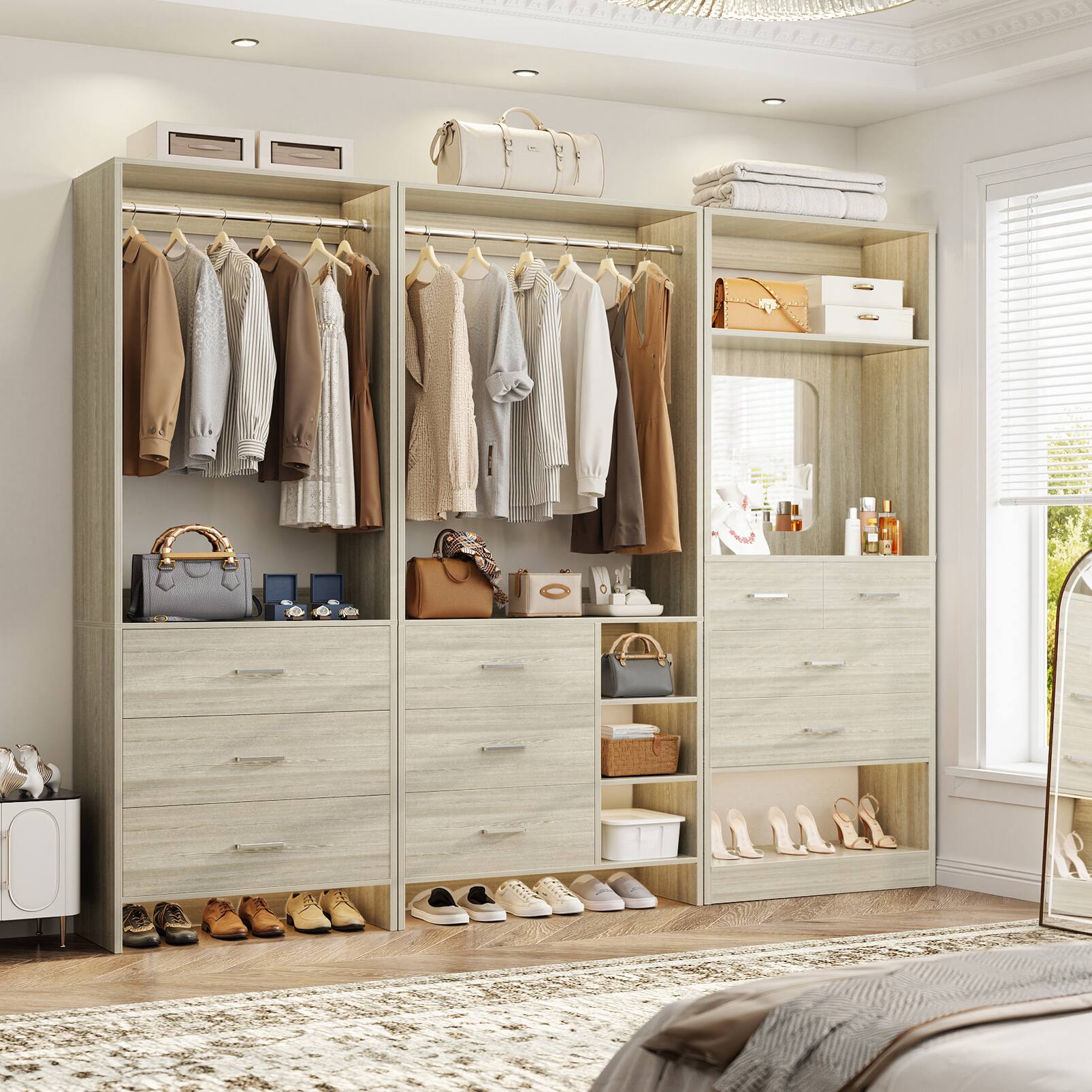 Front. Aheaplus - 79'' Wide Closet System Set, Closet Storage & Organization Unit with 10 Drawrs & 2 Hanging Rods, 3 Packs - Beige Oak.