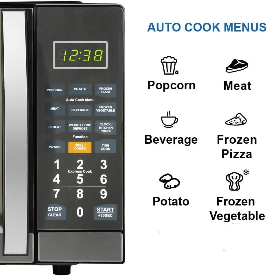 AUTO COOK MENUS

12:38

Popcorn Meat Beverage Frozen Pizza Potato Frozen Vegetable

Auto Cook Menu
- Popcorn
- Meat
- Beverage
- Frozen Pizza
- Potato
- Frozen Vegetable

Function
- Reheat
- Weight/Time
- Clock/Kitchen Timer
- Power
- Grill/Combo
- Time Cook

Express Cook
1 2 3
4 5 6
7 8 9

STOP CLEAR 0 START +30SEC