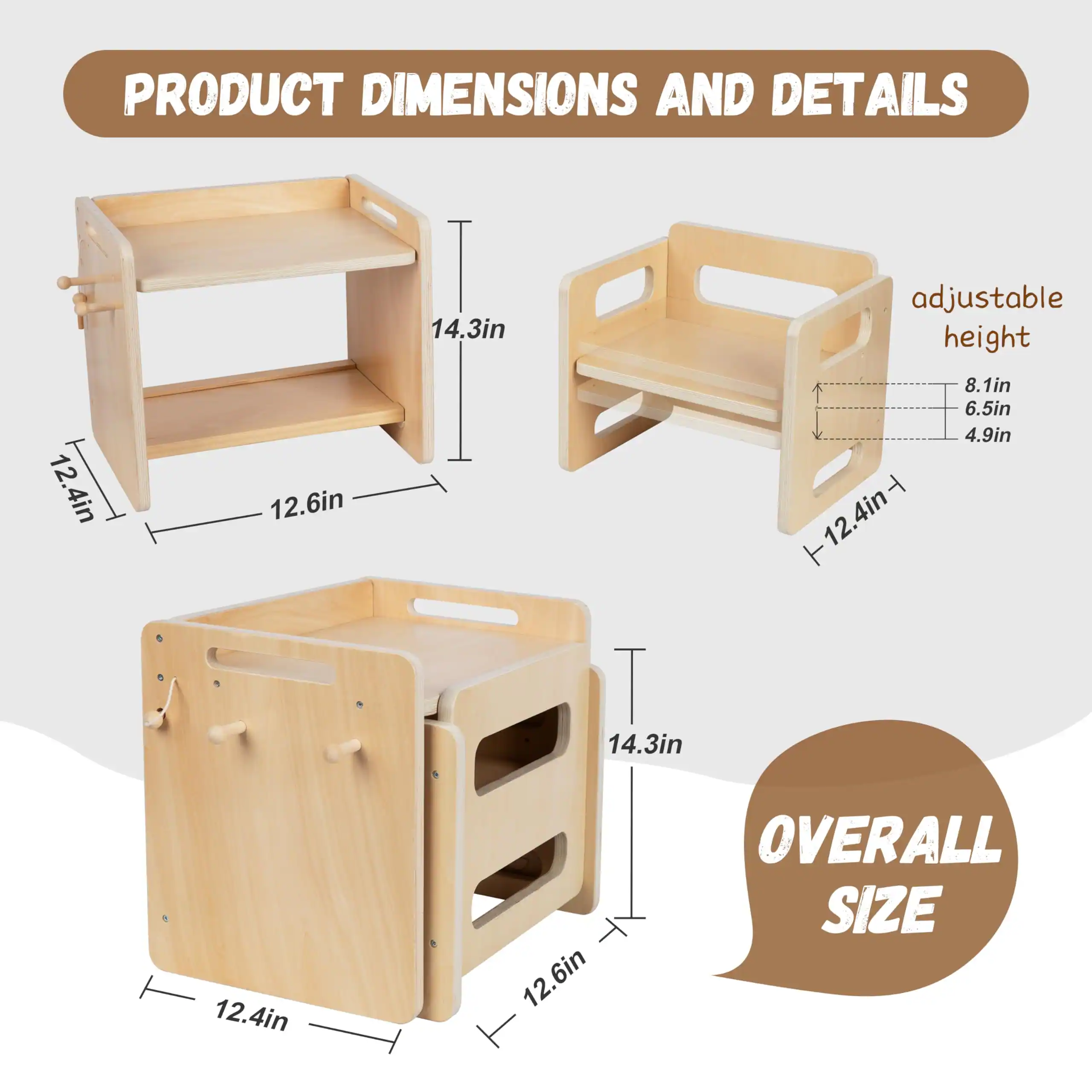PRODUCT DIMENSIONS AND DETAILS

- 12.4in
- 12.6in
- 14.3in
- adjustable height
  - 8.1in
  - 6.5in
  - 4.9in
- 12.4in
- 14.3in
- 12.4in
- 12.6in

OVERALL SIZE