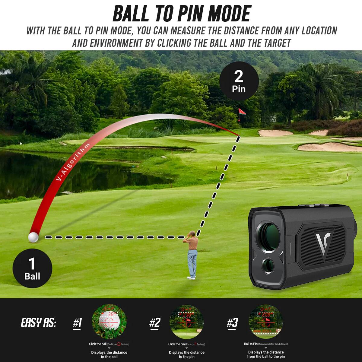 BALL TO PIN MODE

WITH THE BALL TO PIN MODE, YOU CAN MEASURE THE DISTANCE FROM ANY LOCATION AND ENVIRONMENT BY CLICKING THE BALL AND THE TARGET

2 Pin

1 Ball

EASY AS:
#1 Click the ball that icon (Ratshes) Displays the distance to the ball
#2 Click the pin (Pin icon) (Ratshes) Displays the distance to the pin
#3 Ball to Pin (calculates the distance) Displays the distance from the ball to the pin