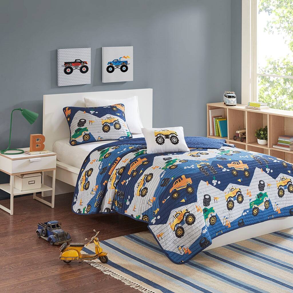 Alt View 1. Gracie Mills - Gracie Mills Cynara Rev Up Dreams Monster Truck Reversible Kids Quilt Set - Blue.