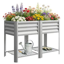 Outsunny - Garden Bed Galvanized Steel, Elevated Planter Box with Storage Shelf, Bed Liner - Silver
