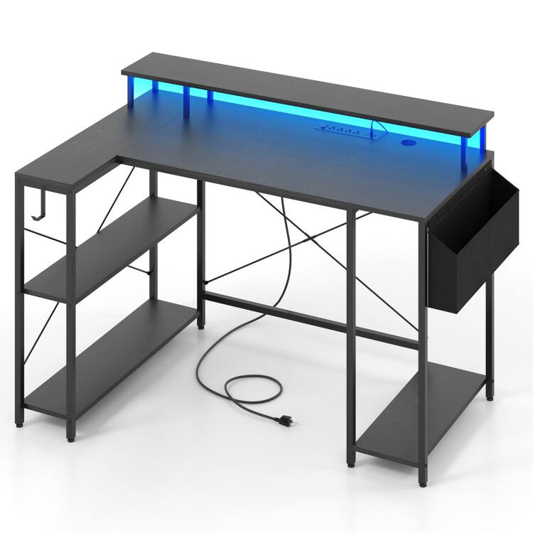 Front. SlickBlue - L-Shaped Gaming Desk with RGB LED Strip, Power Outlets, Spacious Desktop & Headphone Hook - Black.