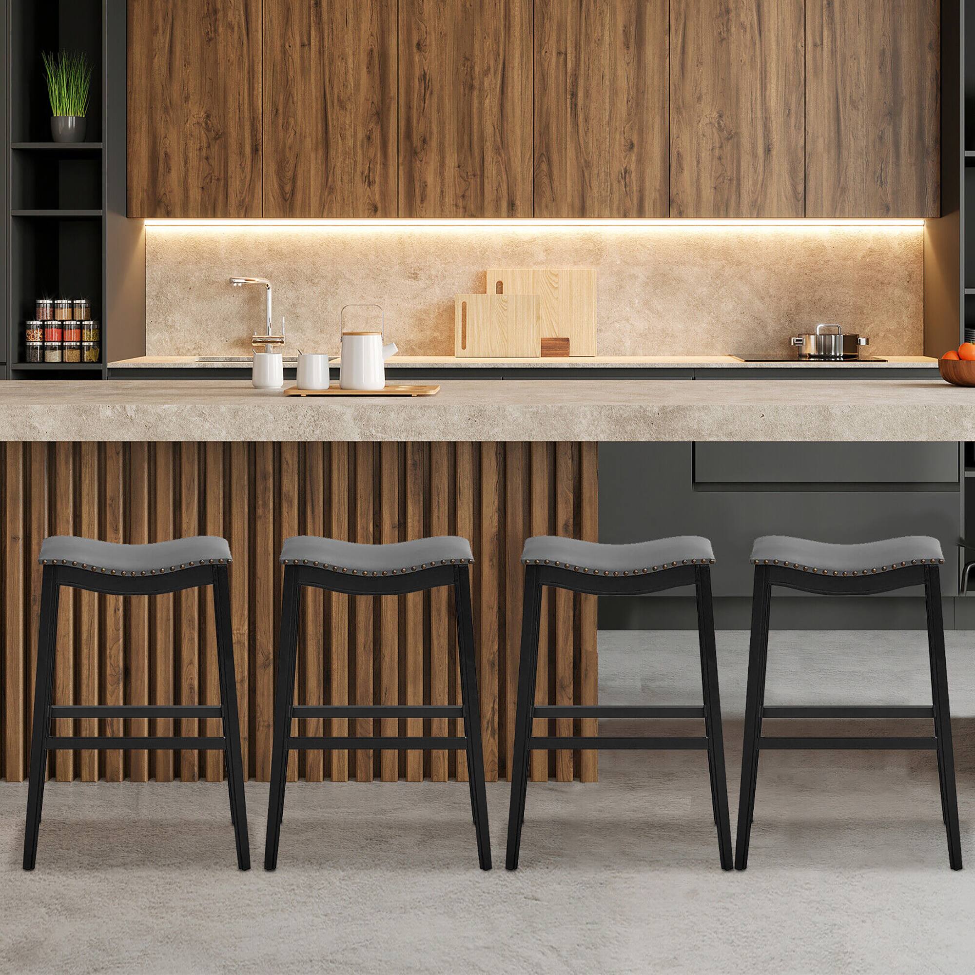 Alt View 2. Gymax - Gymax Set of 4 Saddle Bar Stools Bar Height Kitchen Chairs w/ Rubber Wood Legs Black - Black.