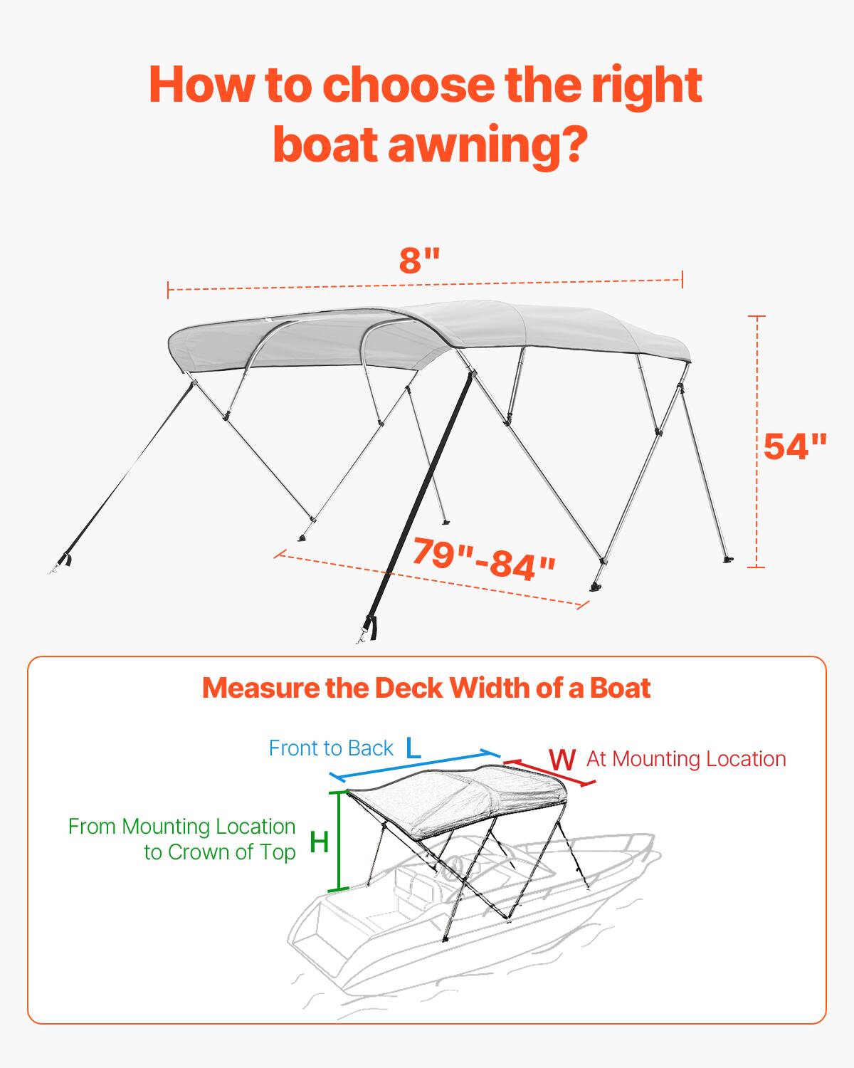 How to choose the right boat awning?

8"  
54"  
79"-84"

Measure the Deck Width of a Boat

Front to Back L  
W At Mounting Location  
From Mounting Location to Crown of Top H