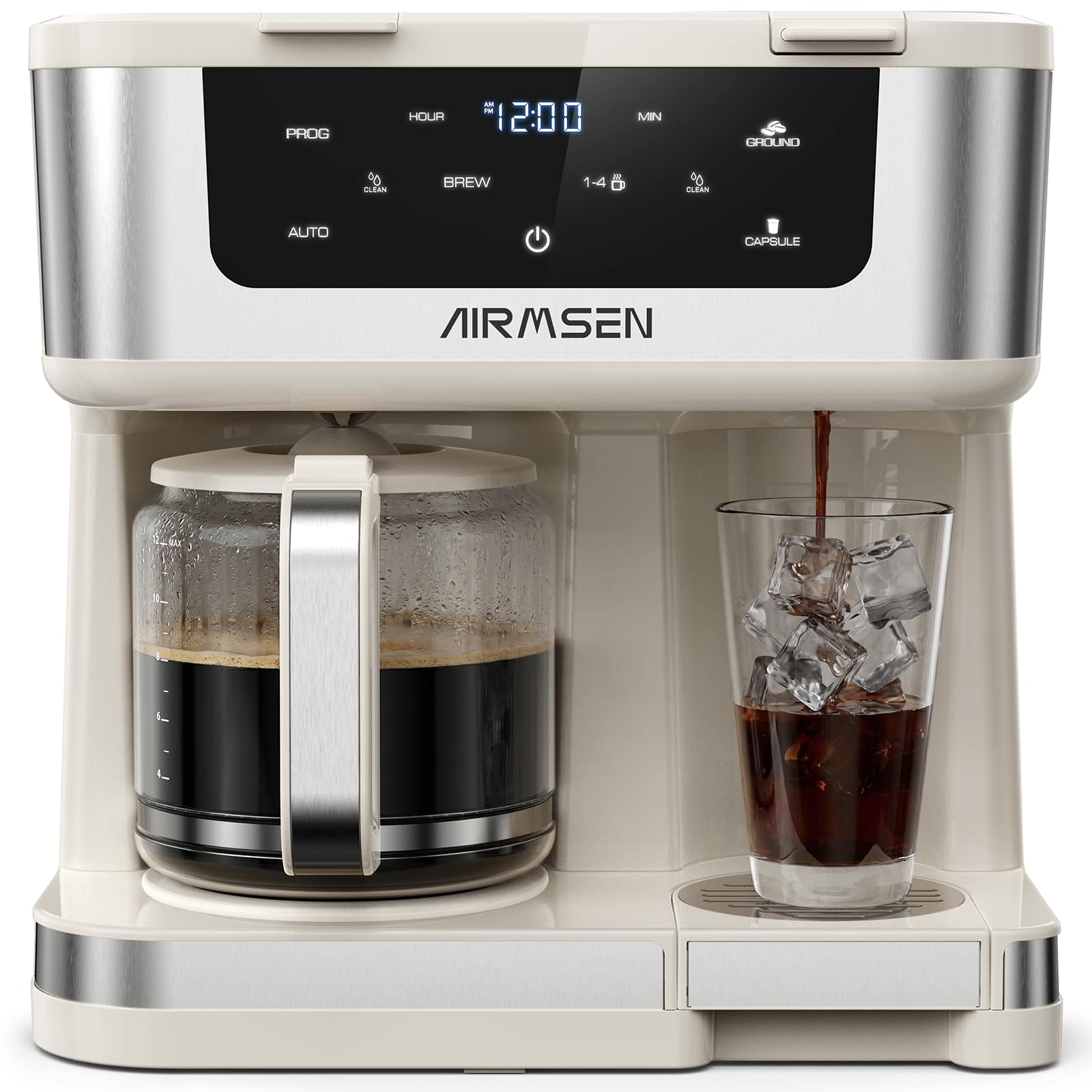 AIRMSEN - 12-Cup Drip Coffee Maker with K Cup, Programmable, 1-4 Cup, Single Serve/Pot, Auto Shut-off, Spill-Free - White