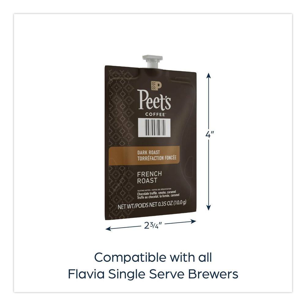 Peet's Coffee  
Dark Roast  
Torréfaction Foncée  
French Roast  
Features: Truffle, smoke, caramel, chocolate, la truffe, la fumée, caramel  
Net 0.35 oz (10.0g)  
Net Wt/Poids Net 23/4"  
Compatible with all Flavia Single Serve Brewers