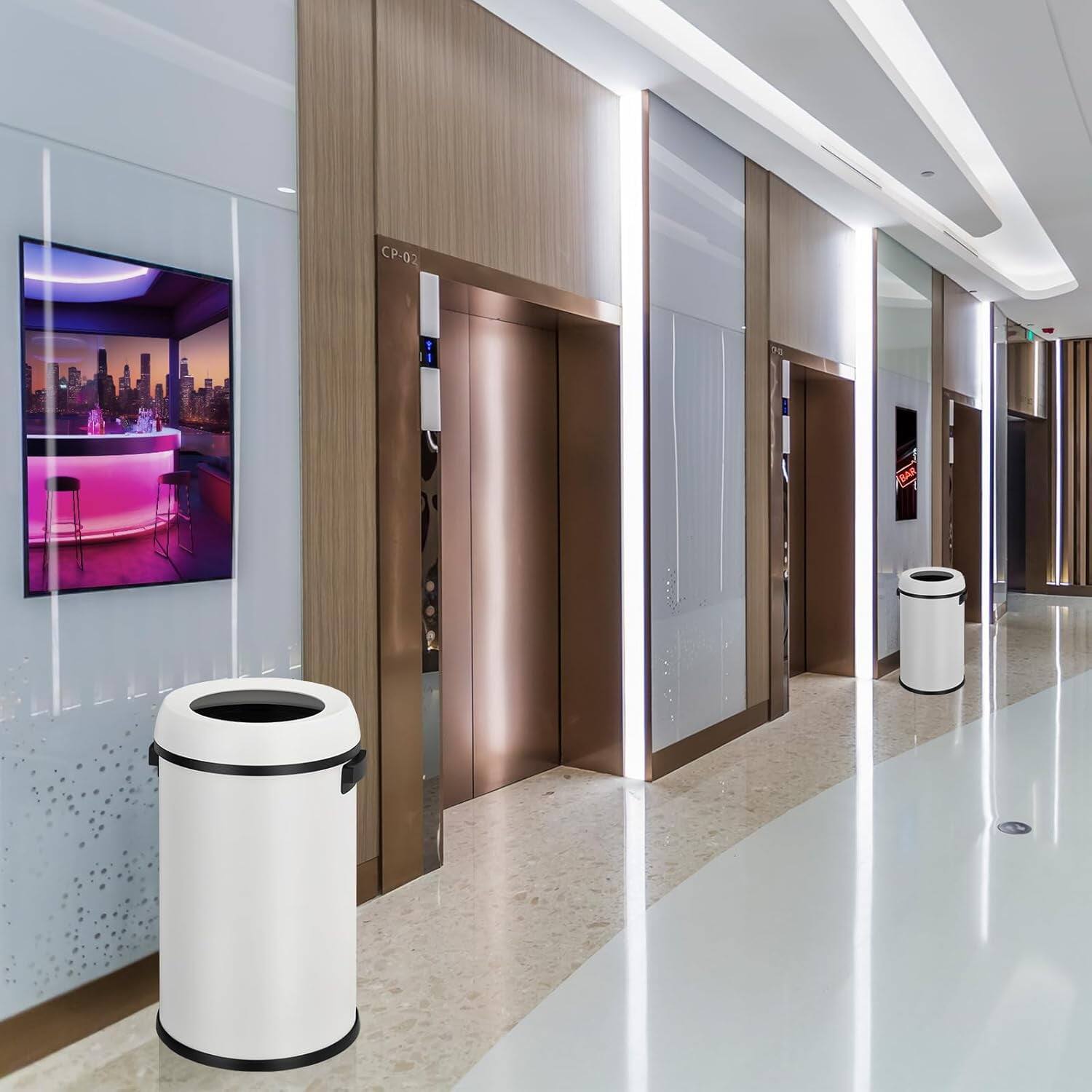 Back. Homhougo - 17 Gallon Stainless Steel Round Trash Can with Open Lid, Fingerprint-Proof, Removable Inner Liner, White - White.