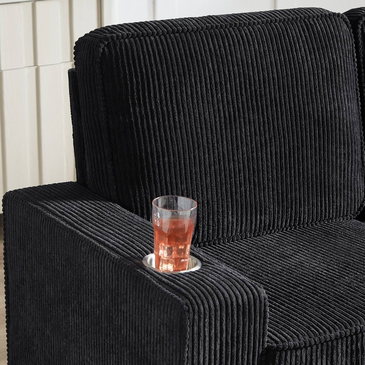Alt View 1. Ropilly - Ropilly Modern Corduroy 3 Seater Sofa, Black Corduroy Sofa with Armrest Cup Holders, 83.86 Inch Couch - Black.