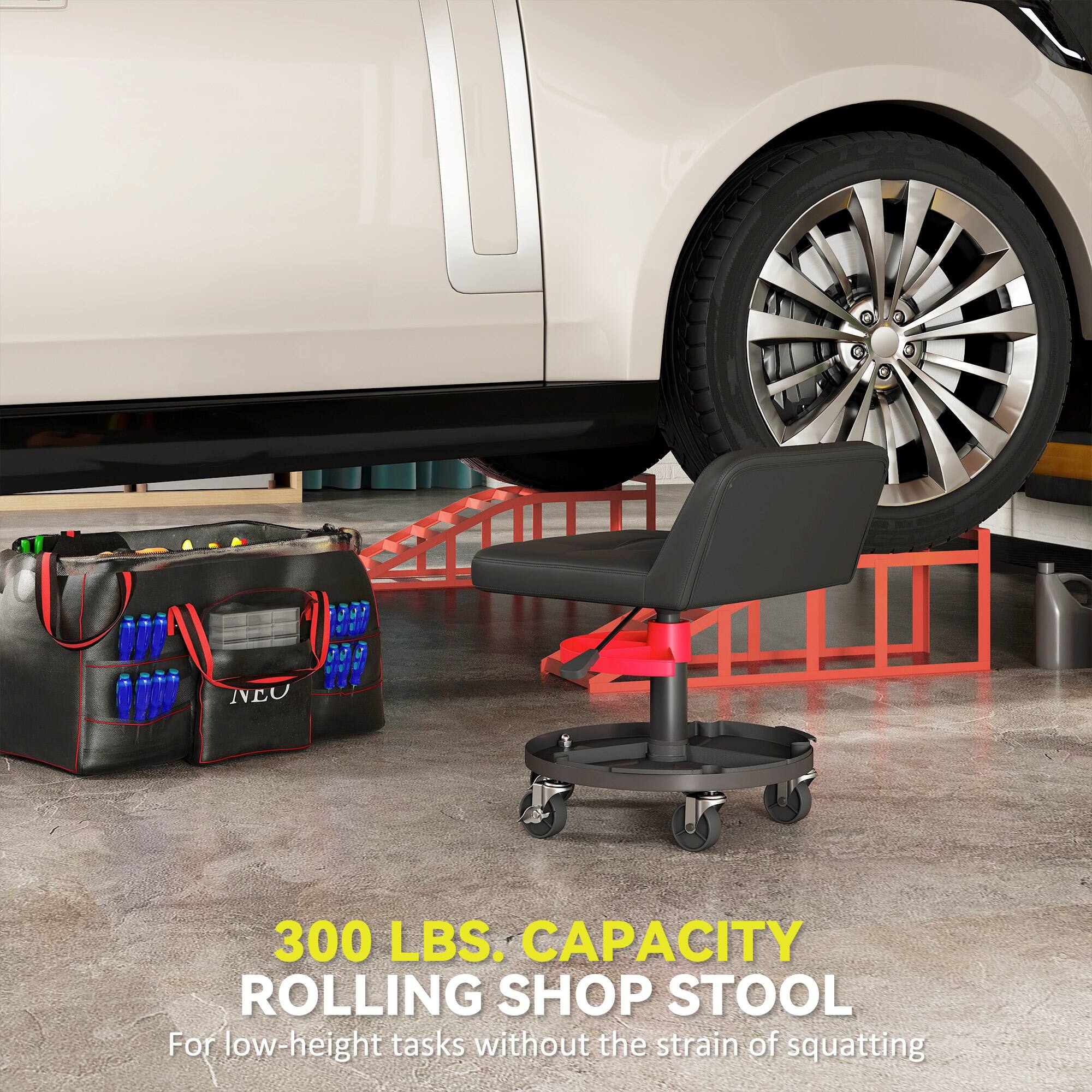 NEU 300 LBS. CAPACITY ROLLING SHOP STOOL
For low-height tasks without the strain of squatting