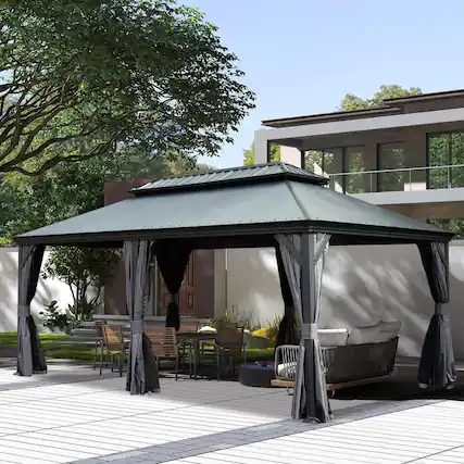 Front. Mondawe - 12x18 Metal Gazebo With Resin Roof ,Curtains and Mosquito Netting Included - Dark Gray.