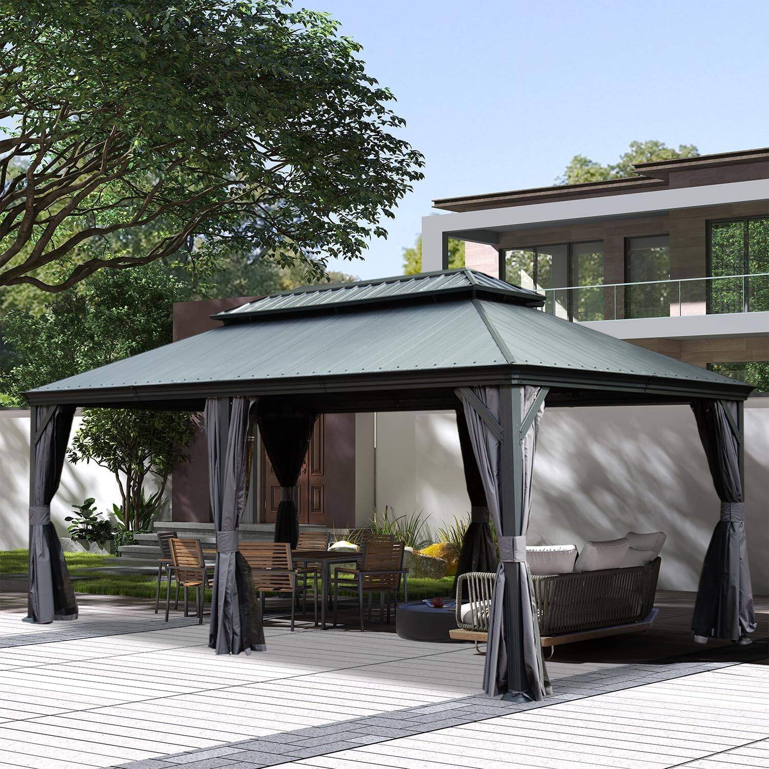 Front. Mondawe - 12x18 Metal Gazebo With Resin Roof ,Curtains and Mosquito Netting Included - Dark Gray.
