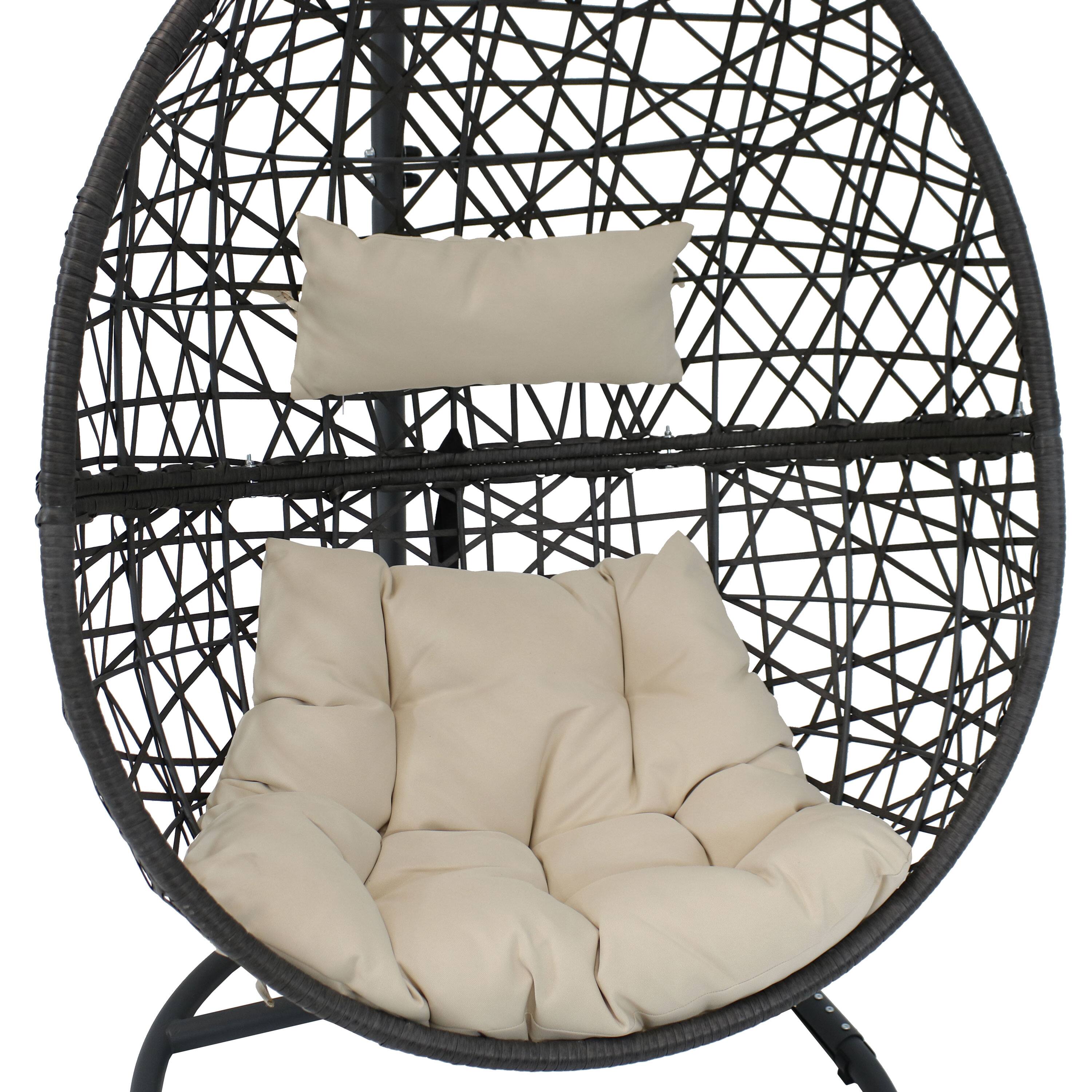 Alt View 5. Sunnydaze - Resin Wicker Hanging Egg Chair with Steel Stand/Cushions - Beige Cushions.