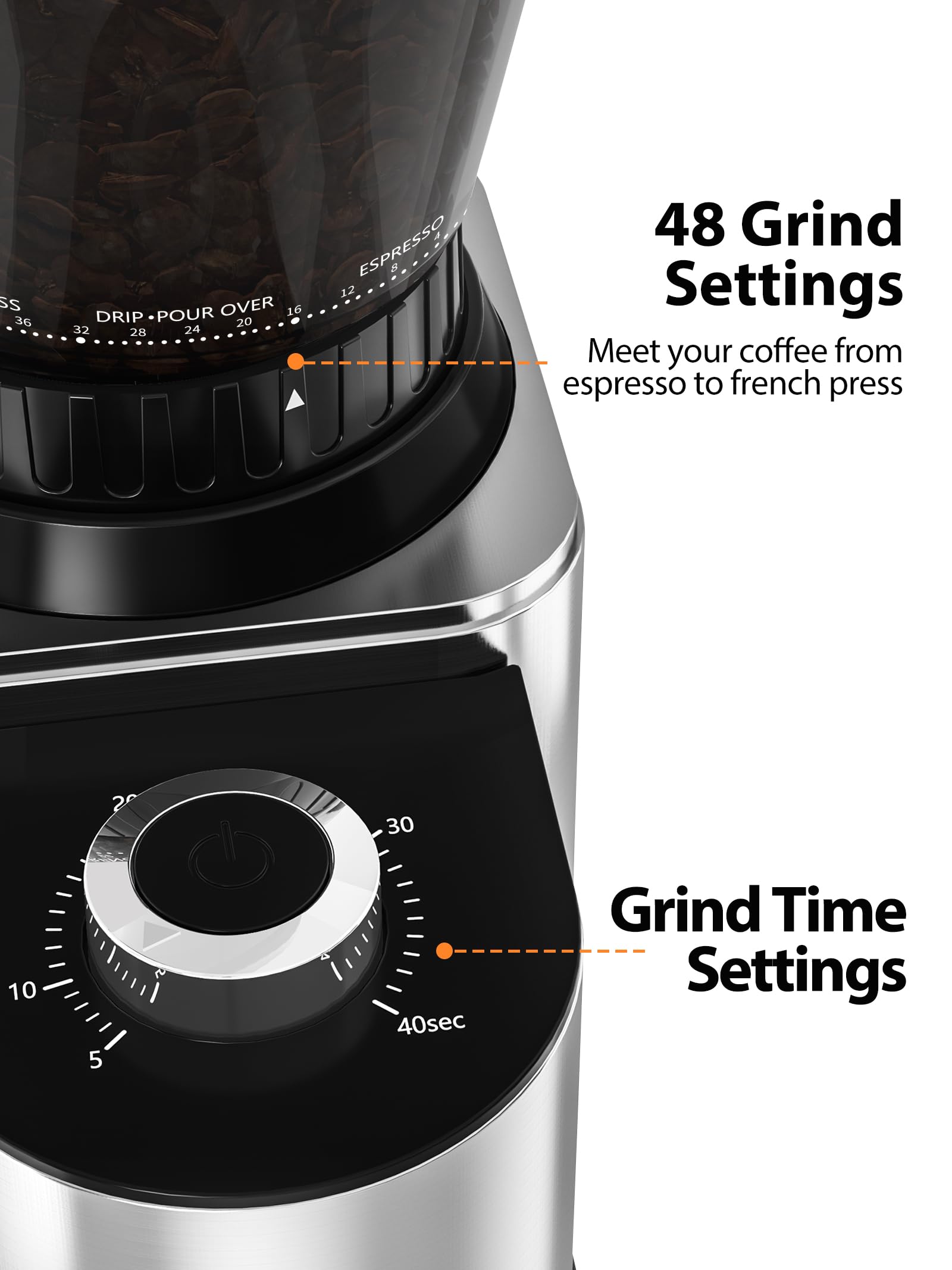 48 Grind Settings  
Meet your coffee from espresso to french press  

Grind Time Settings