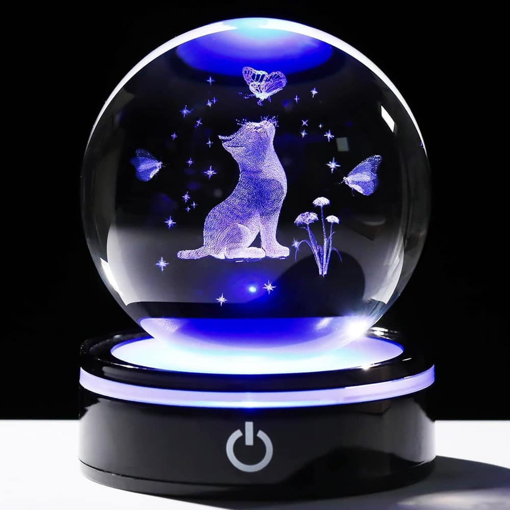 Schertz - 3D Crystal Cat Figurine with Light Base & Laser Engraving - LED