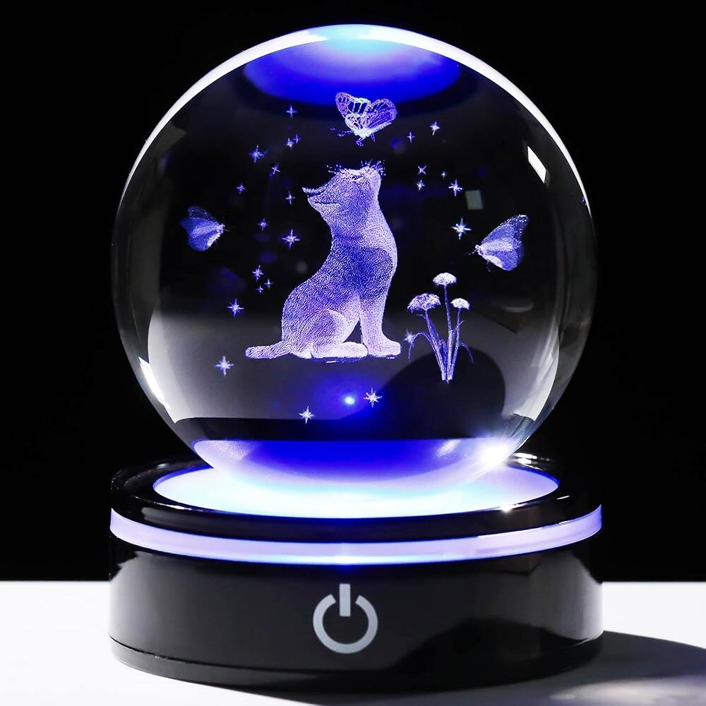 Schertz - 3D Crystal Cat Figurine with Light Base & Laser Engraving - LED