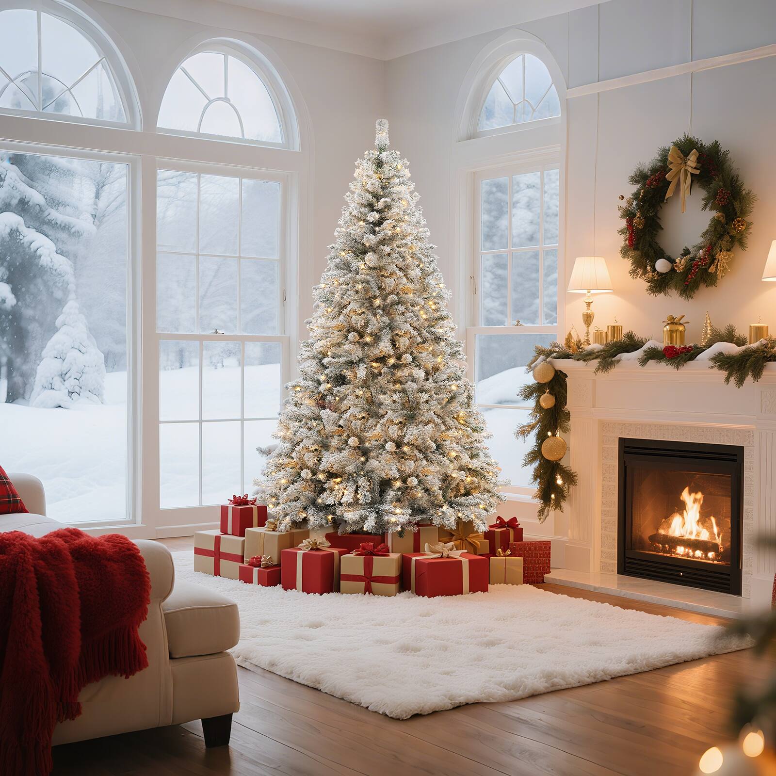 Alt View 7. VAVSEA - 7.5FT Flocked Christmas Tree with 1200 Tips 350 LED Lights Remote Control Metal Stand Tree Skirt Ornaments and Storage B - White.