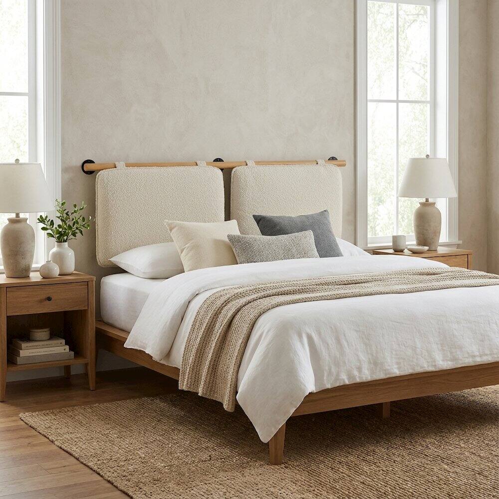 Left. FurniFact - Chenille Upholstered King Size Wall-Mounted Headboard with Soft Padding - Beige.