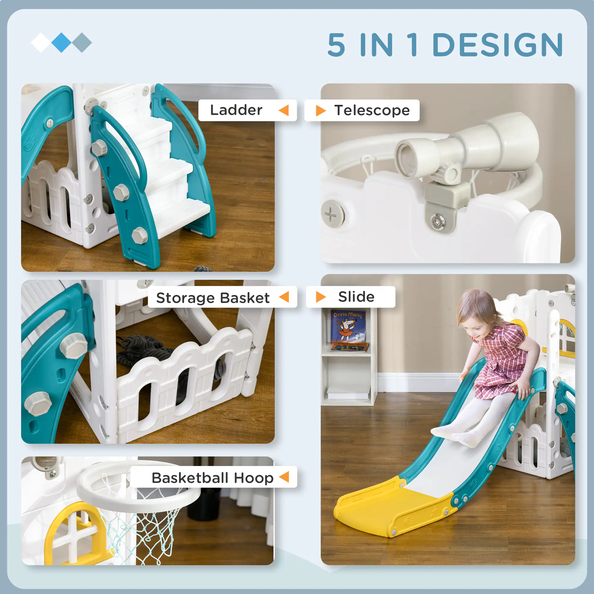 5 IN 1 DESIGN

- Ladder
- Telescope
- Storage Basket
- Slide
- Basketball Hoop