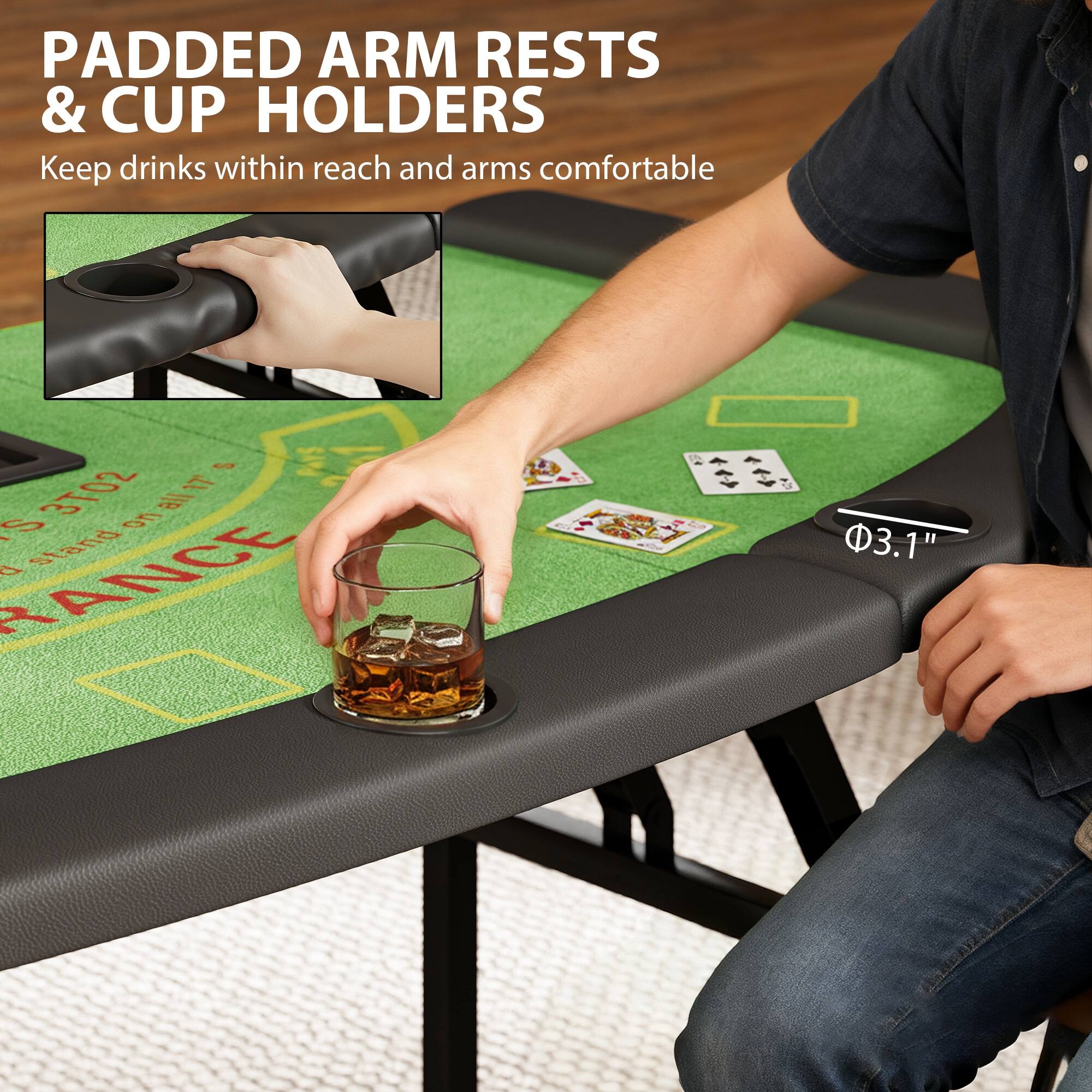 PADDED ARM RESTS & CUP HOLDERS  
Keep drinks within reach and arms comfortable  

3.1"