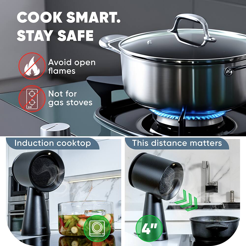 COOK SMART. STAY SAFE  
Avoid open flames  
Not for gas stoves  
Induction cooktop  
This distance matters  
4"