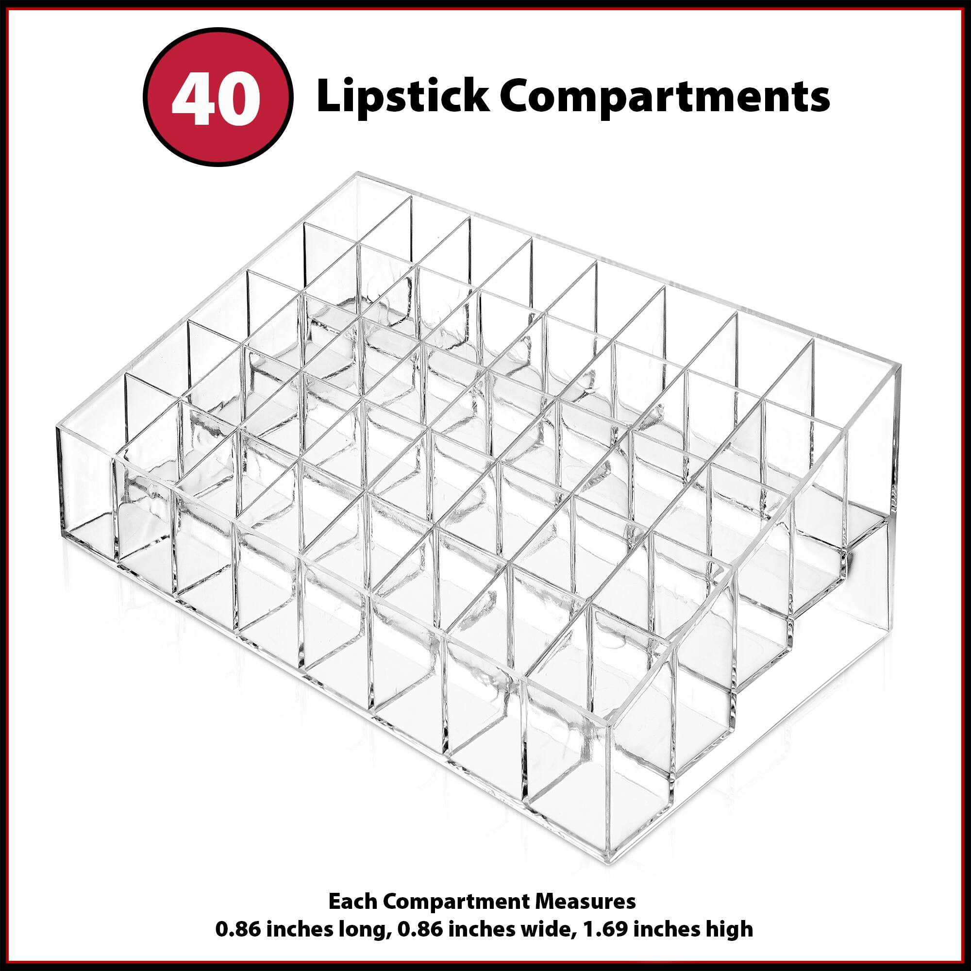 40 Lipstick Compartments  
Each Compartment Measures  
0.86 inches long, 0.86 inches wide, 1.69 inches high