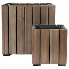 Front. Sunnydaze - 2-Piece Square Wood Planter Box with Liner - Anthracite Stain.