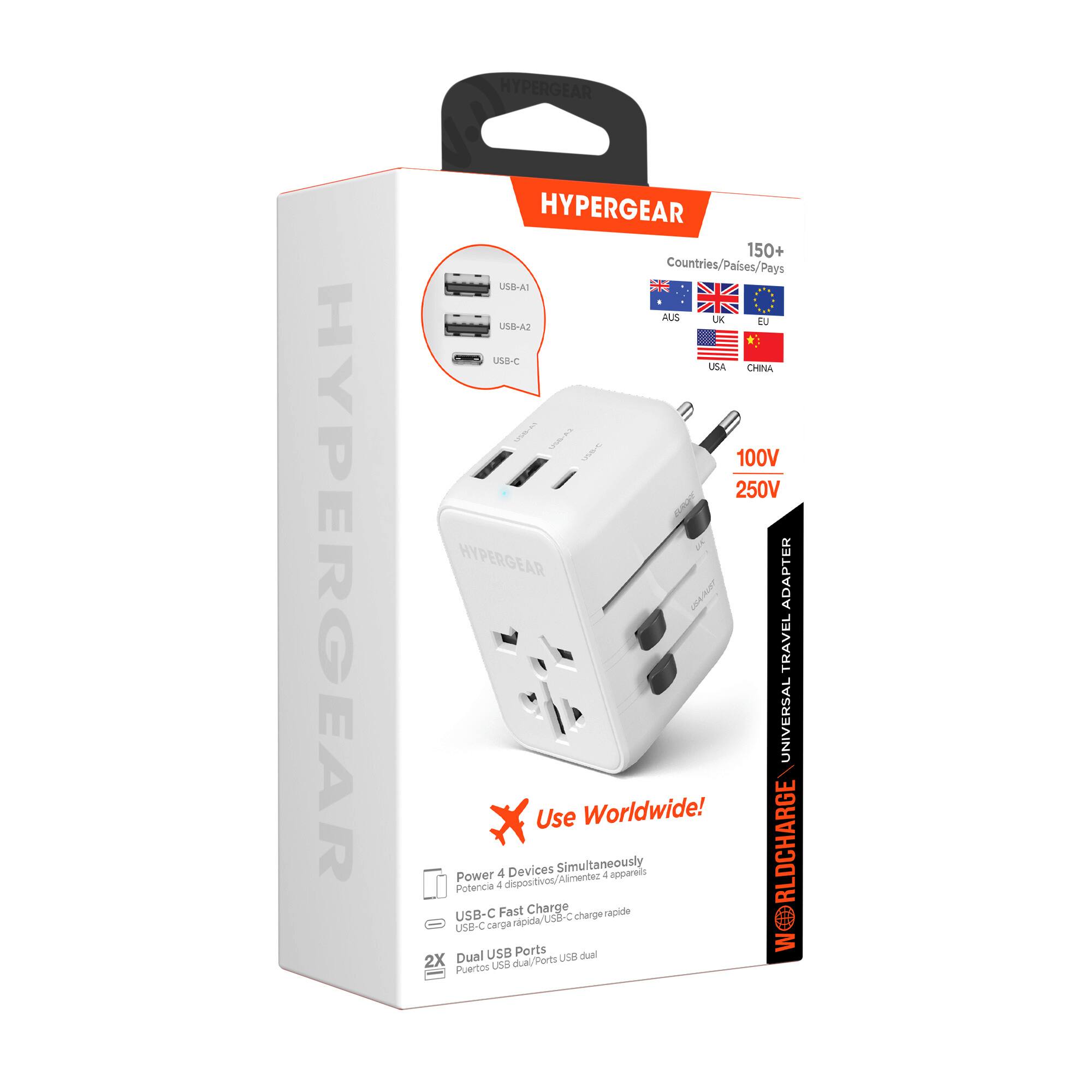 HYPERGEAR HYPERGEAR HYPERGEAR

150+ Countries/Paises/Pays

Countries Paises

USD-A1 AUS UK EU UNB-A2 USB-C C

Unus

CHINA

100V 250V

HYPERGEAR ADAPTER TRAVEL UNIVERSAL

Use Worldwide!

Power 4 Devices Simultaneously

USB-C Fast Charge

Dual USB Ports

Puerto USB dual