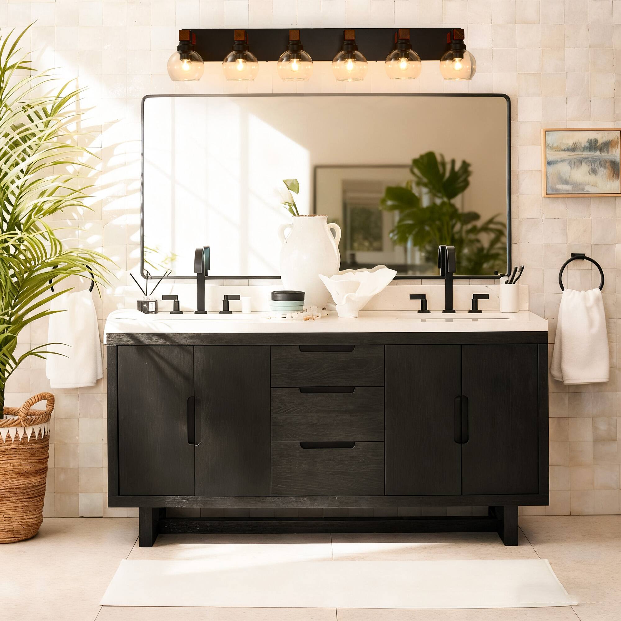 Alt View 3. RYHNUYNE - 6 Light Bathroom Vanity Light Fixtures, Black and Gold Wood Bathroom Light Fixtures Over Mirror, Farmhouse Wall Sconces - Black and Gold.