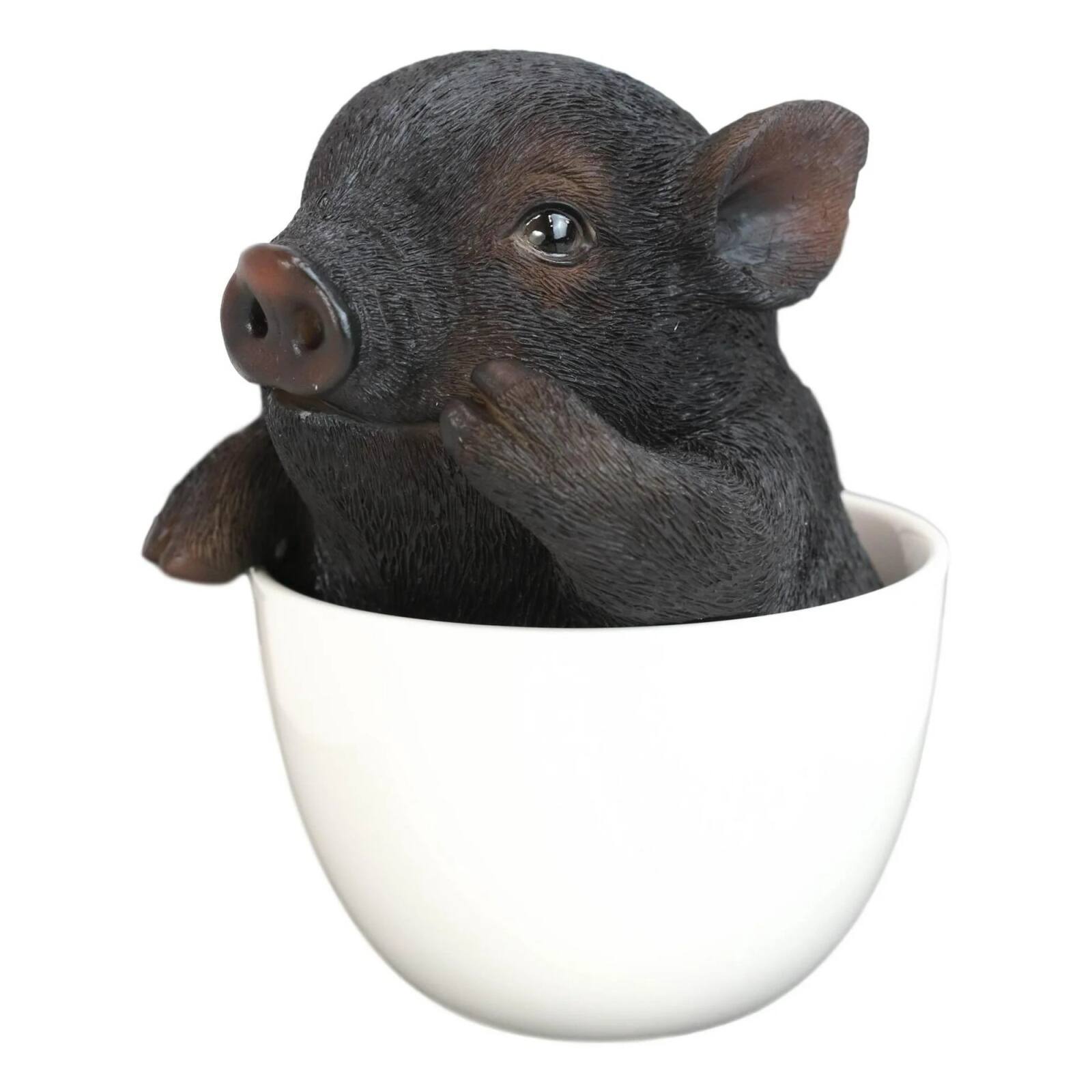 Left. Pacific Trading - Rustic Lifelike Black Pig Piggy In Tea Cup Figurine Animal Farm Pigs Swine Decor.