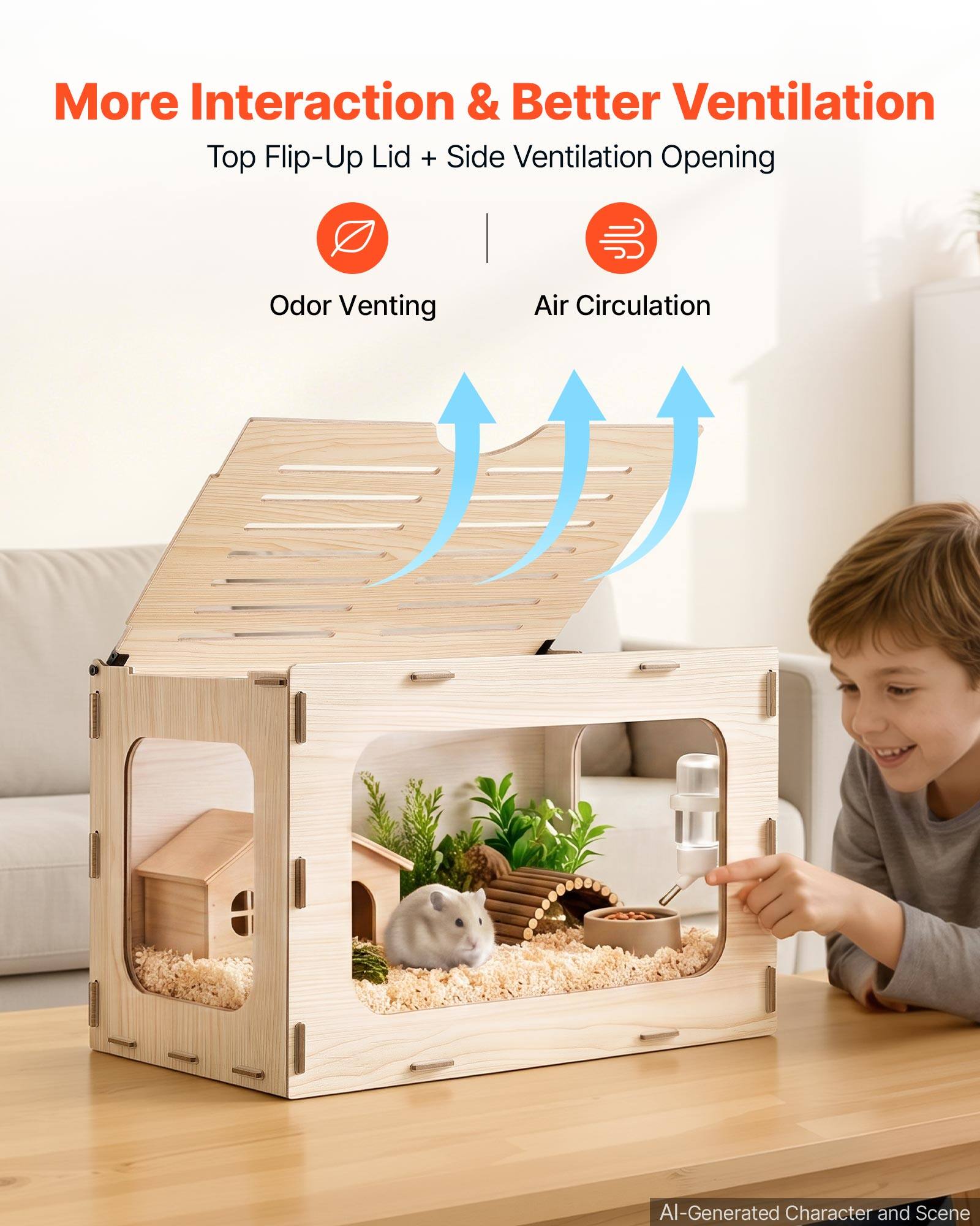 More Interaction & Better Ventilation  
Top Flip-Up Lid + Side Ventilation Opening  
Odor Venting  
Air Circulation  

AI-Generated Character and Scene