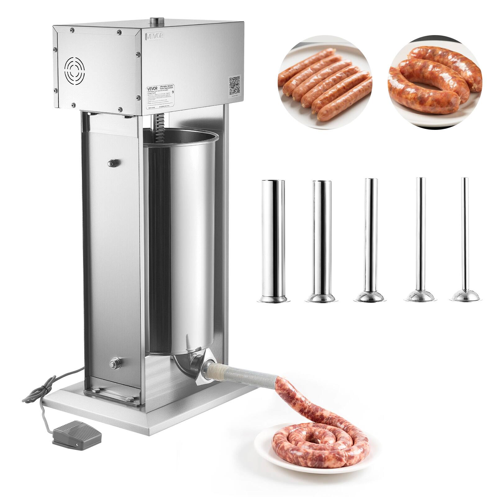 Front. VEVOR - Electric Sausage Stuffer, 55 LBS/25 L Vertical Meat Stuffer, Stepless Speed Control and Foot Pedal,with 5 Stuffing Tubes - Silver.