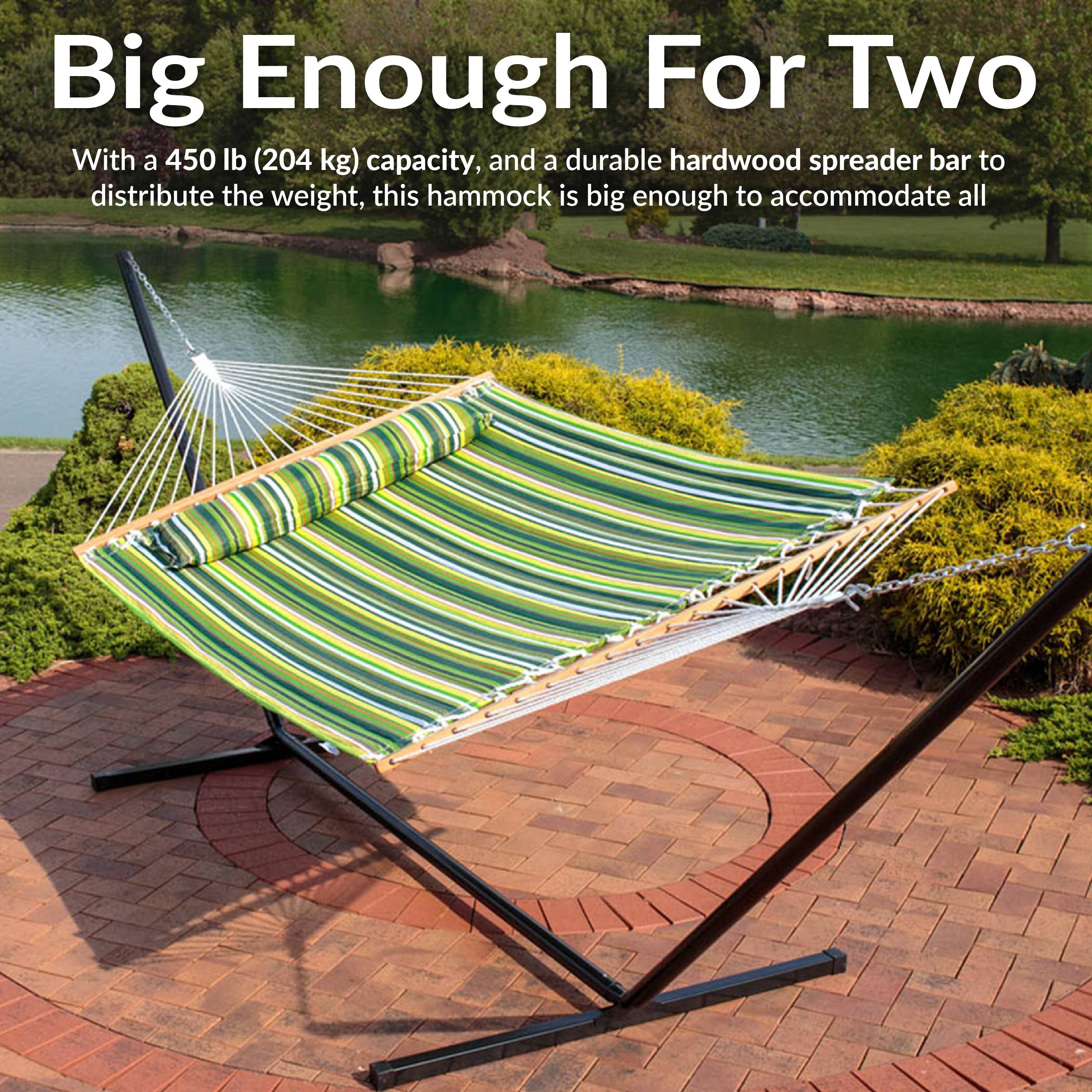 Big Enough For Two

With a 450 lb (204 kg) capacity, and a durable hardwood spreader bar to distribute the weight, this hammock is big enough to accommodate all.